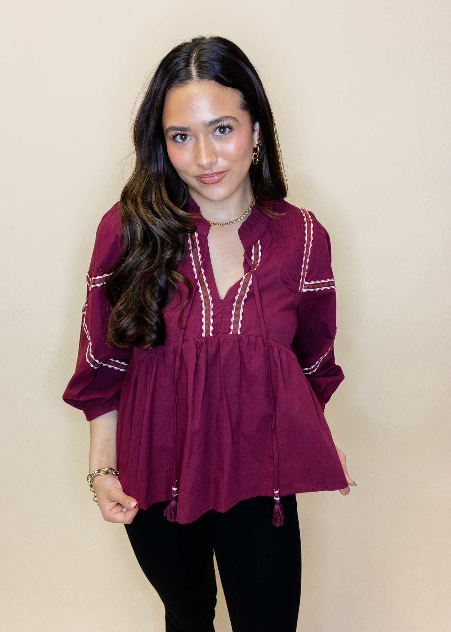 Burgundy Embroidered Trim Top