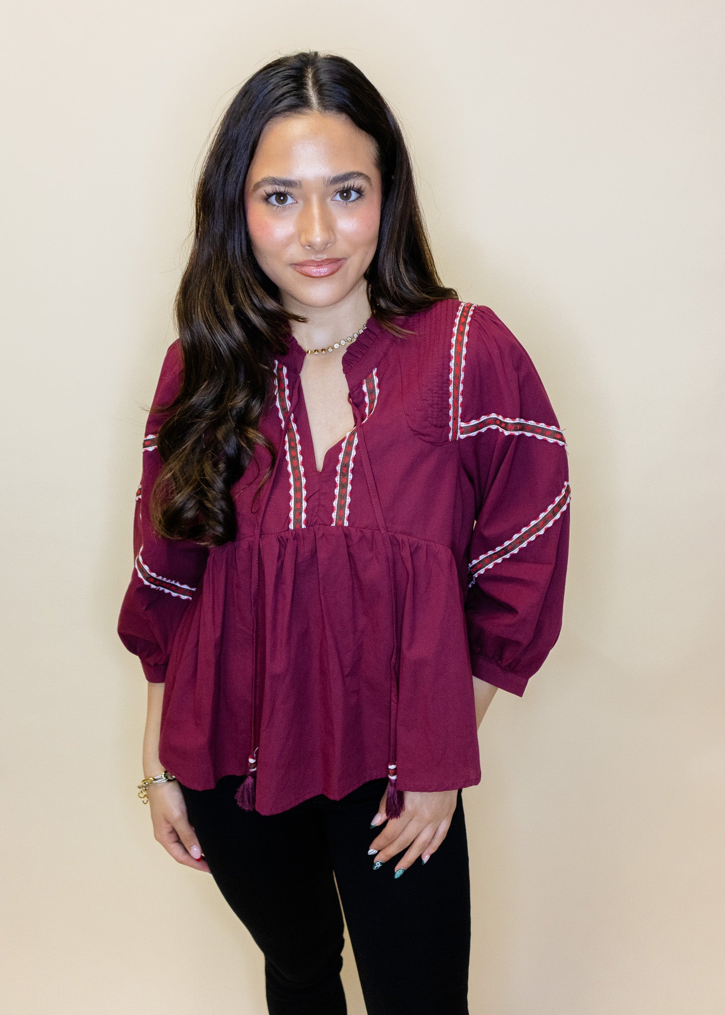 Burgundy Embroidered Trim Top