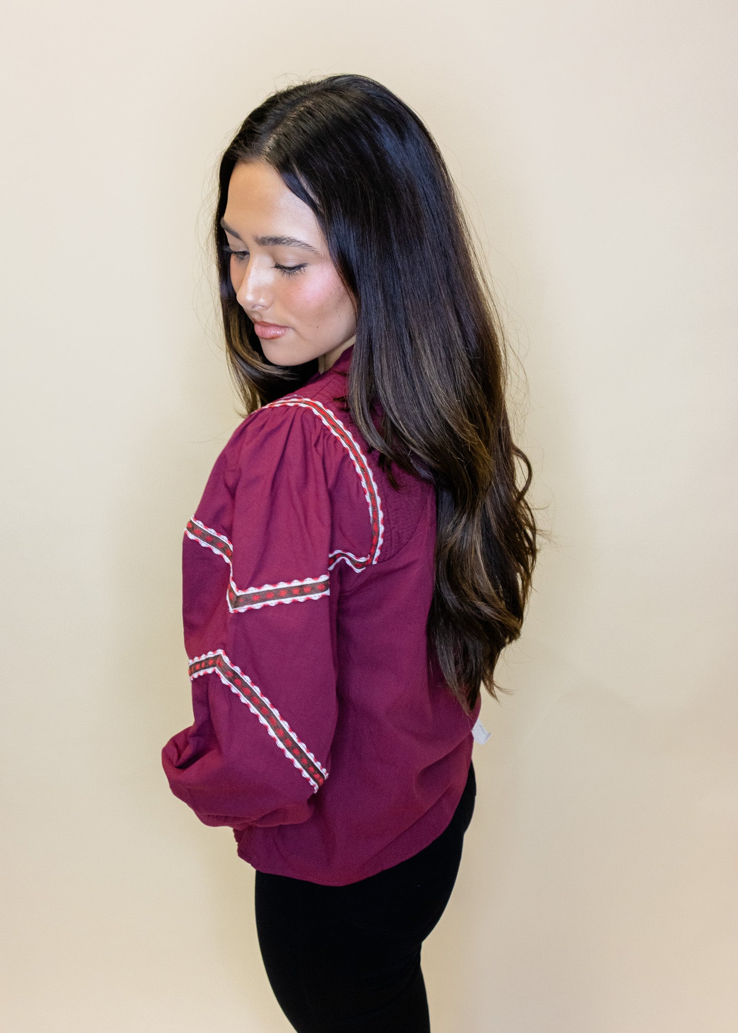 Burgundy Embroidered Trim Top