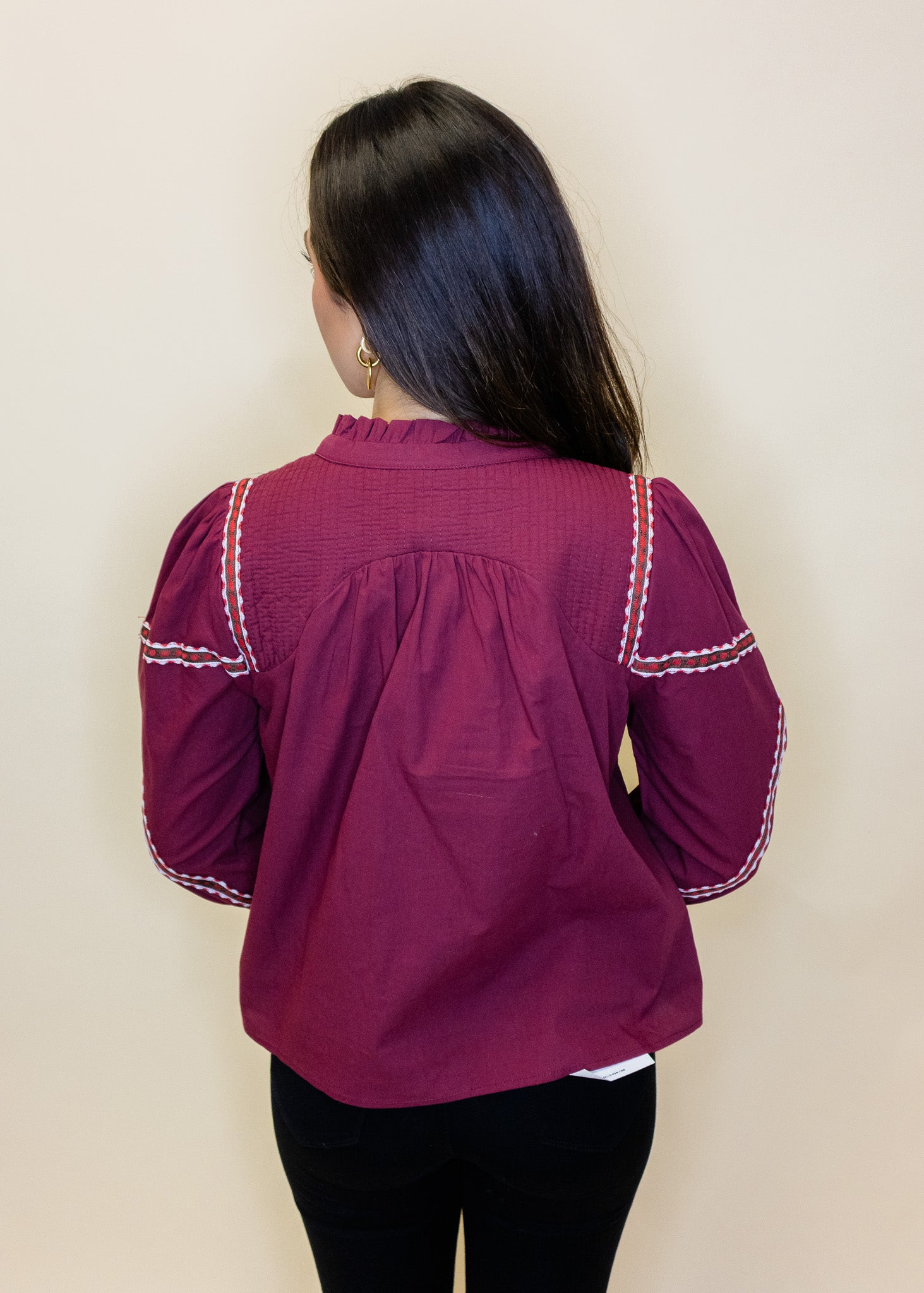 Burgundy Embroidered Trim Top