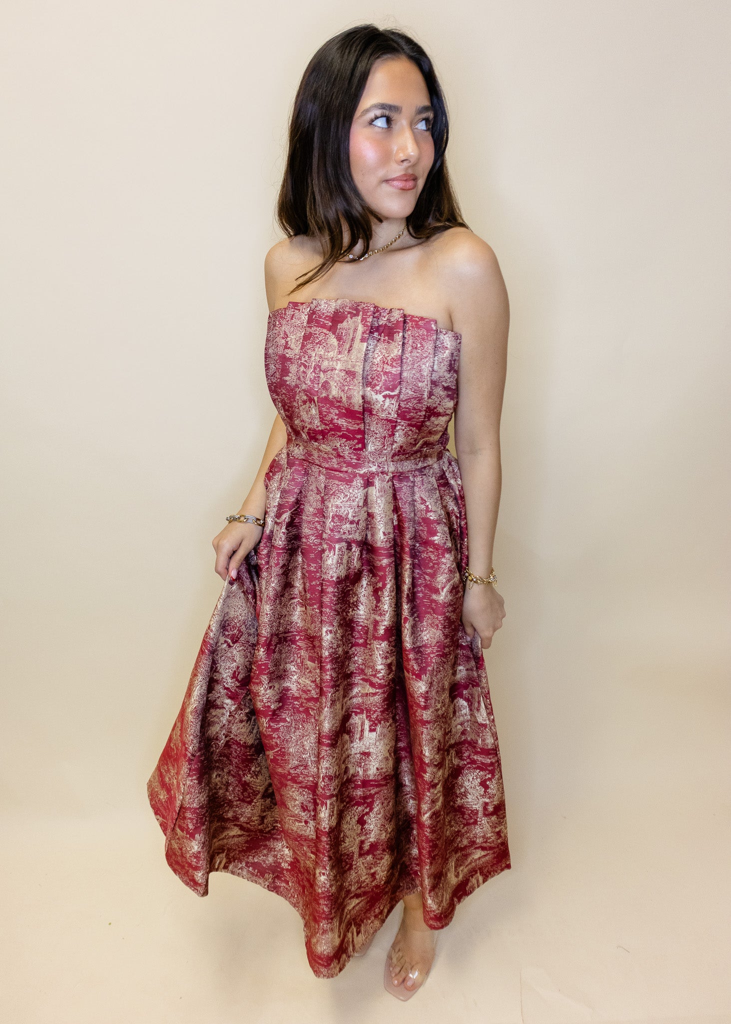 Burgundy Print Pleat Midi Dress