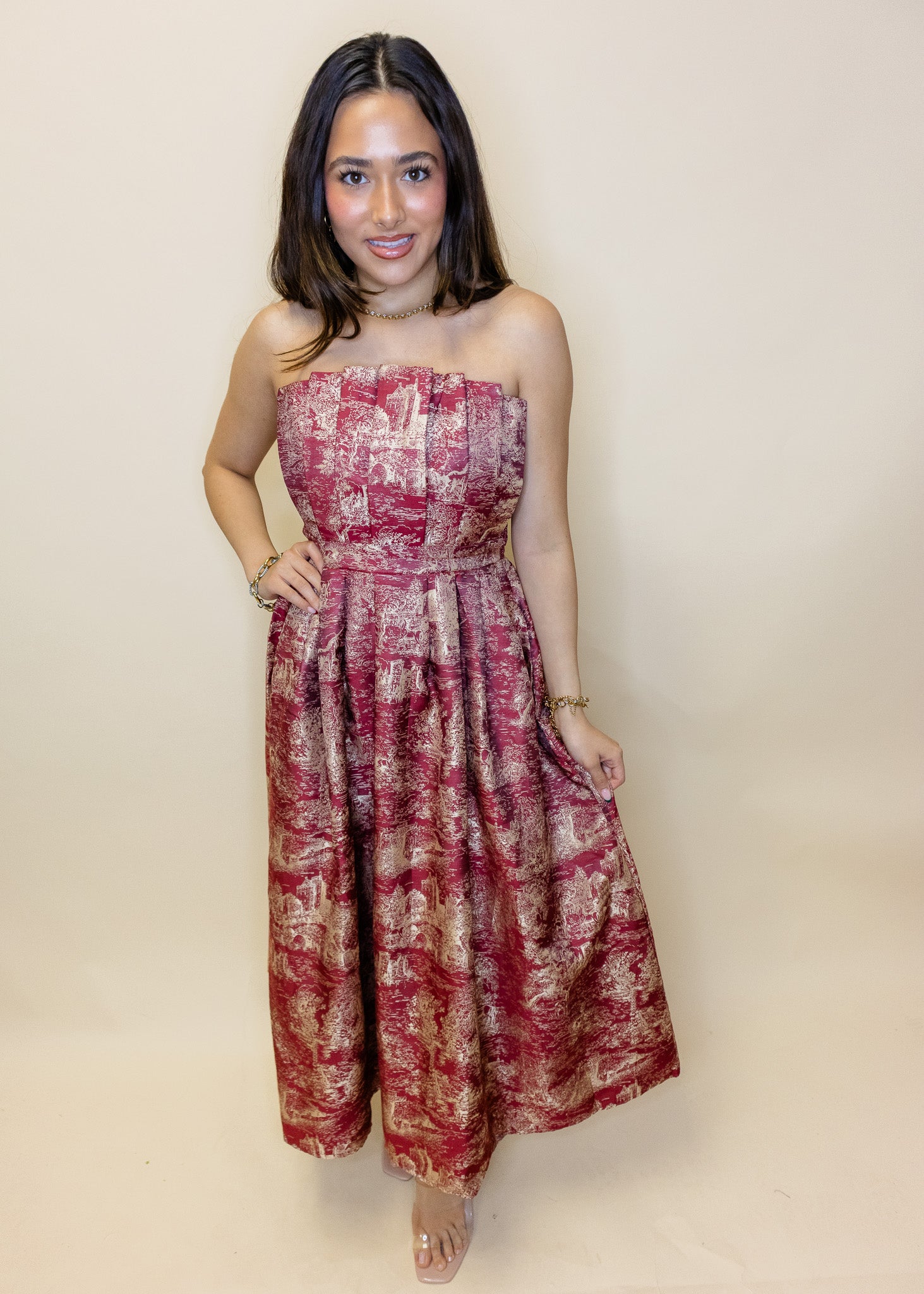Burgundy Print Pleat Midi Dress