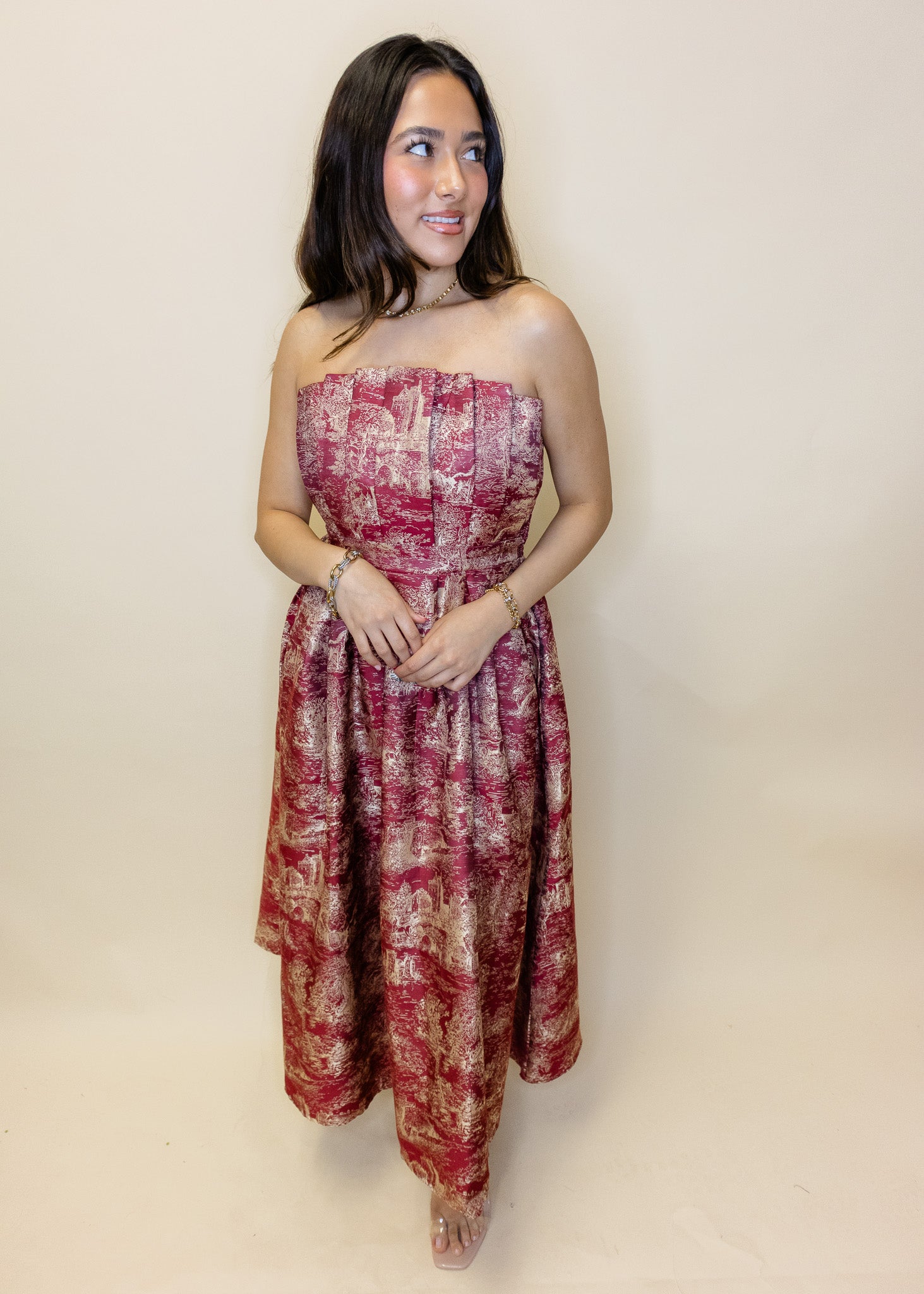 Burgundy Print Pleat Midi Dress