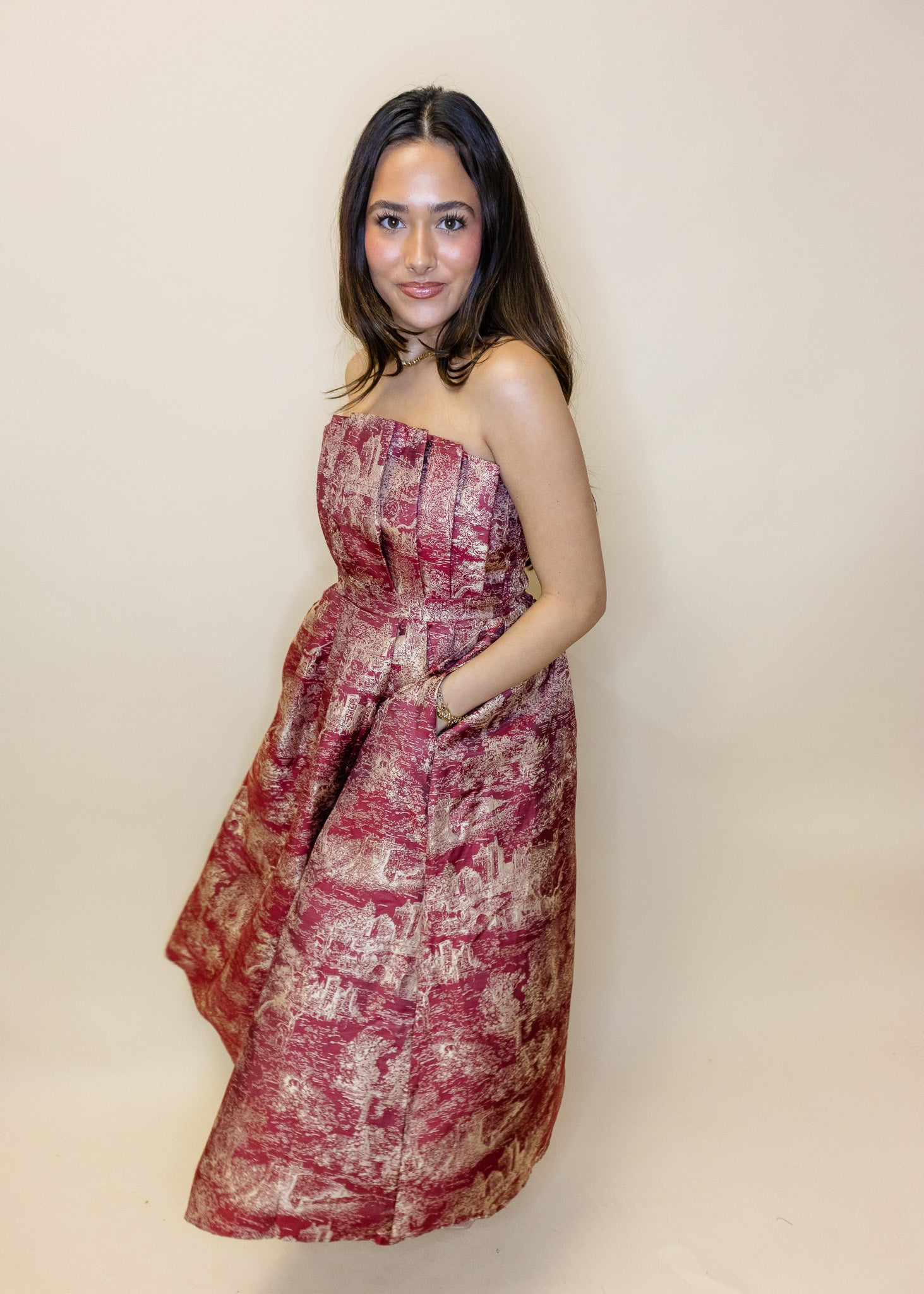 Burgundy Print Pleat Midi Dress