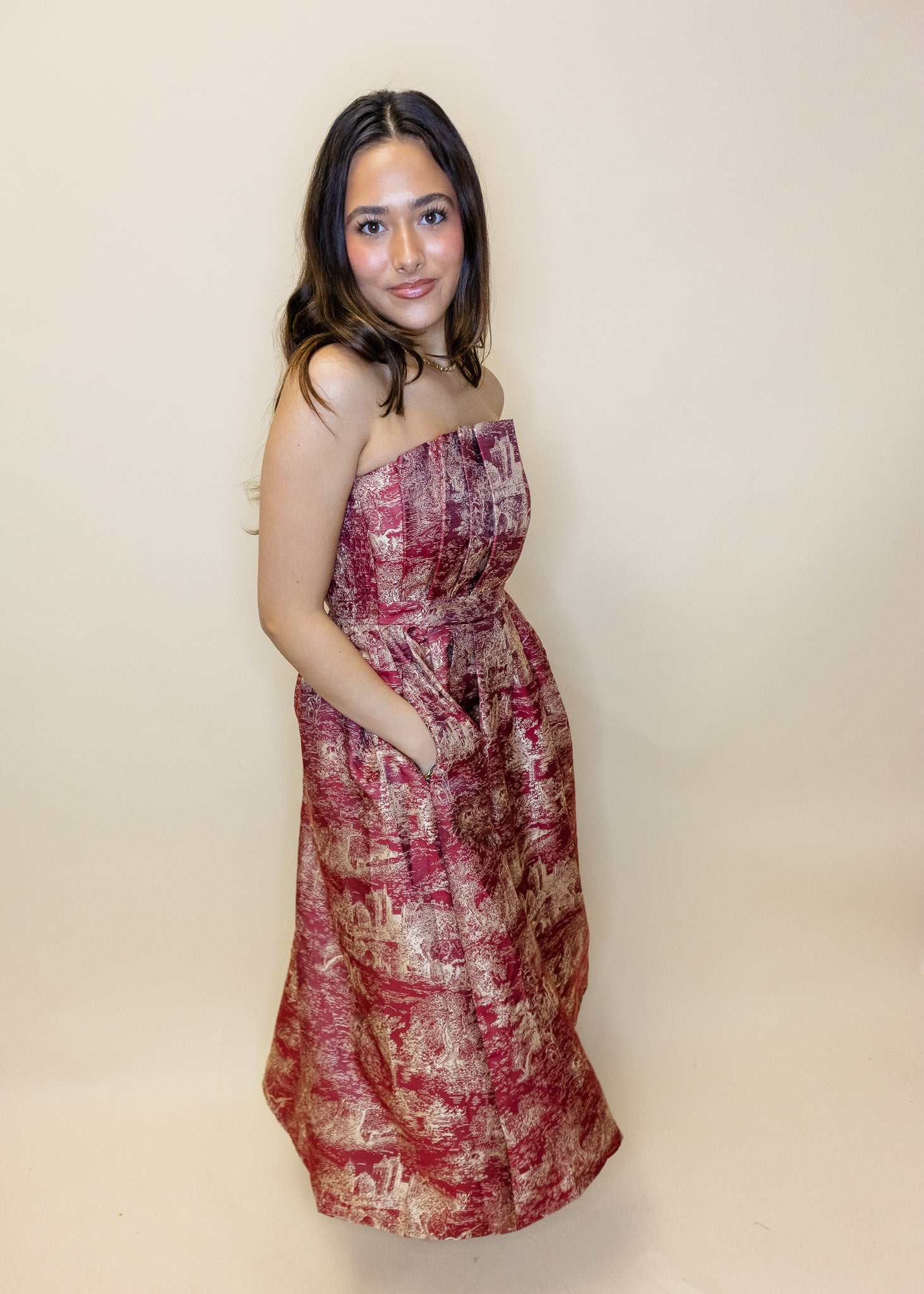 Burgundy Print Pleat Midi Dress