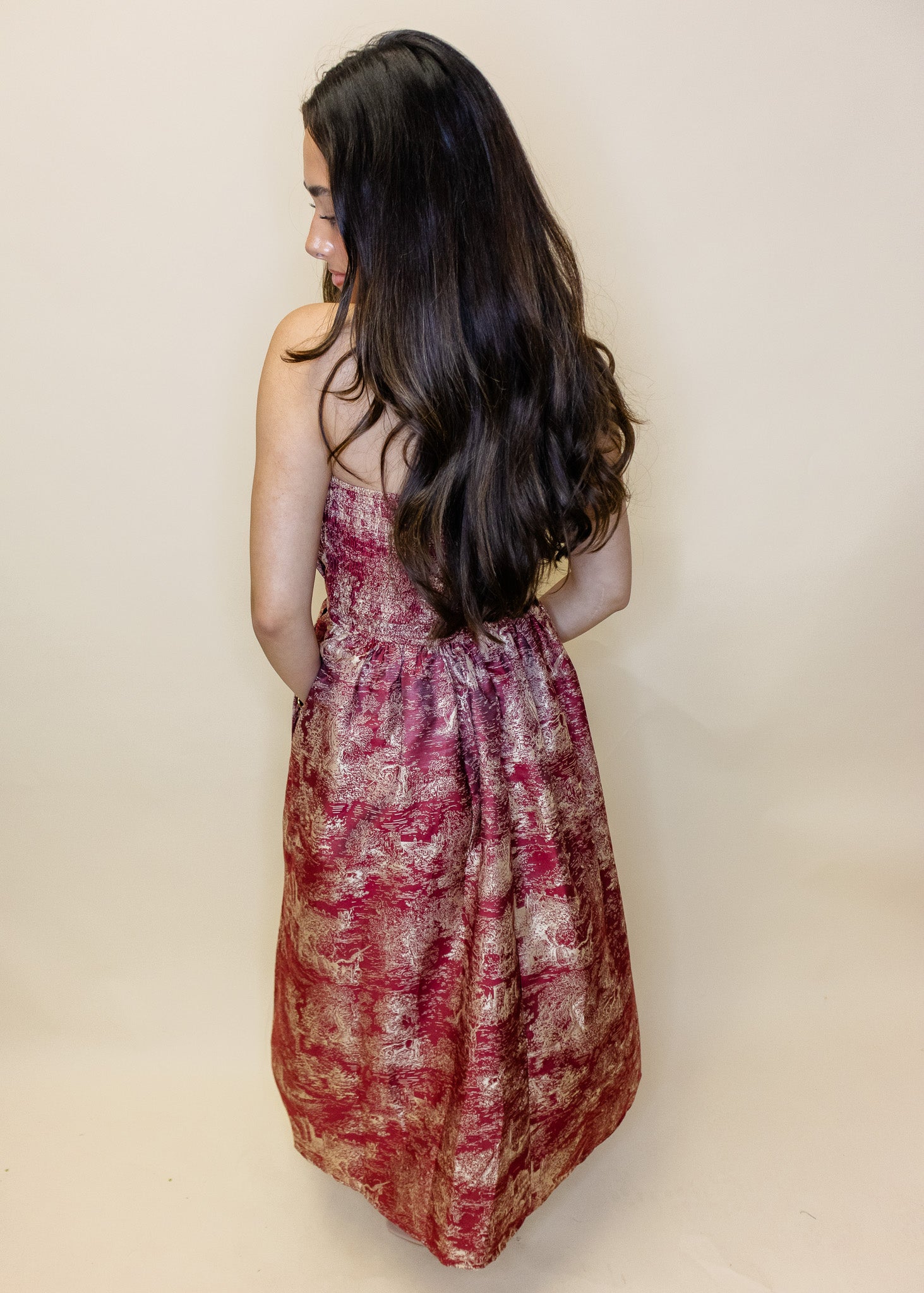 Burgundy Print Pleat Midi Dress