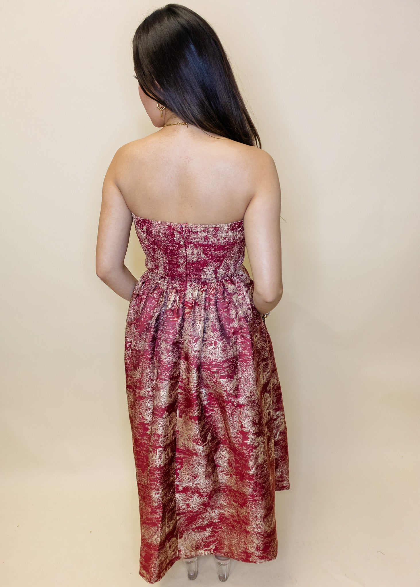 Burgundy Print Pleat Midi Dress