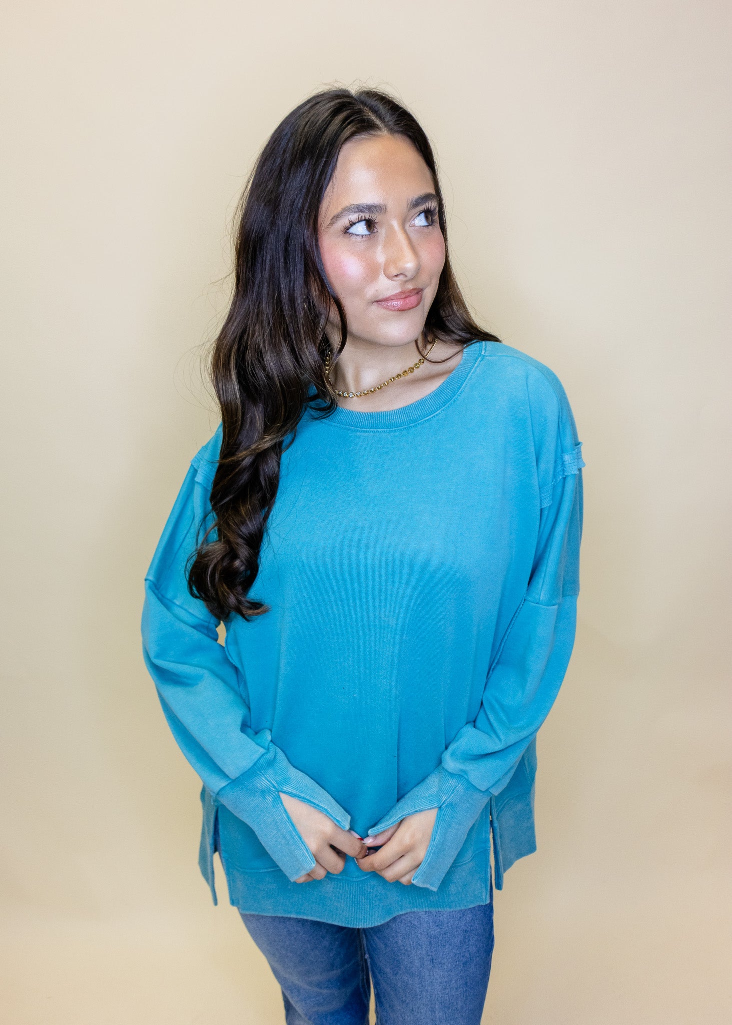Teal Washed Slit Sweatshirt