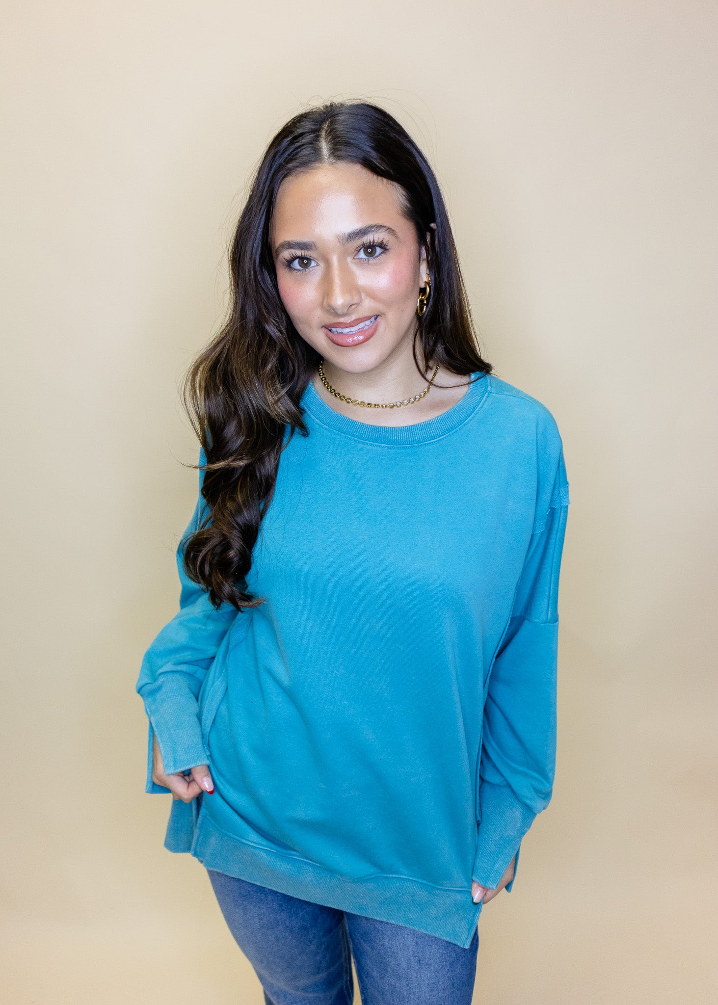Teal Washed Slit Sweatshirt