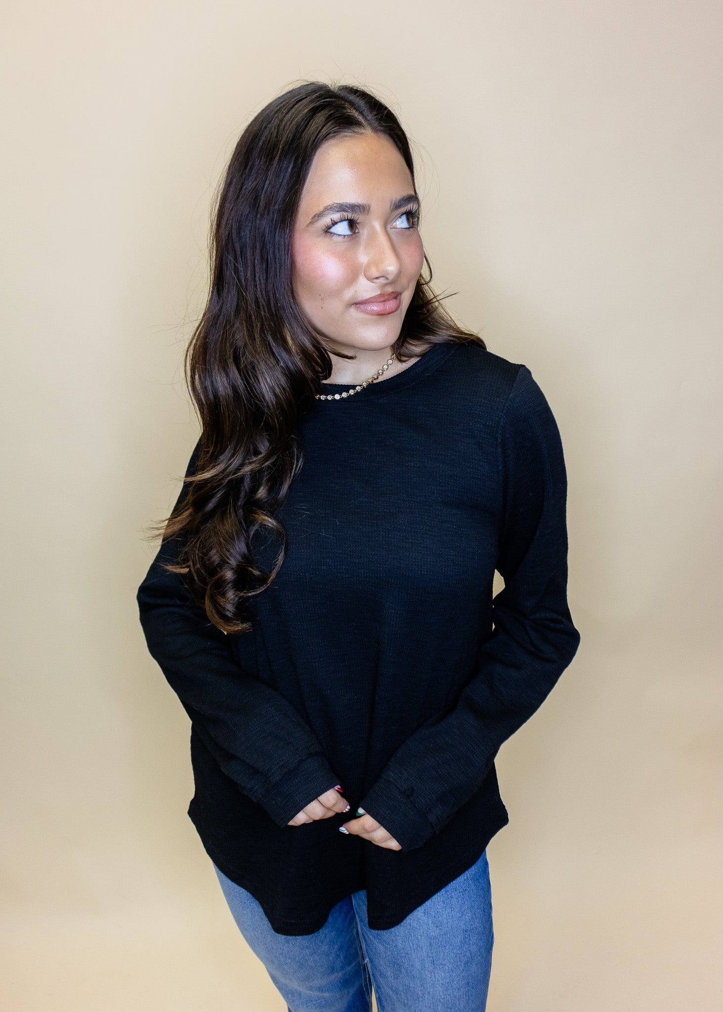 Black Ribbed Long Sleeve Top