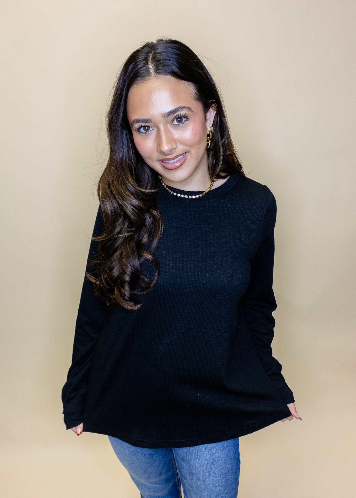 Black Ribbed Long Sleeve Top