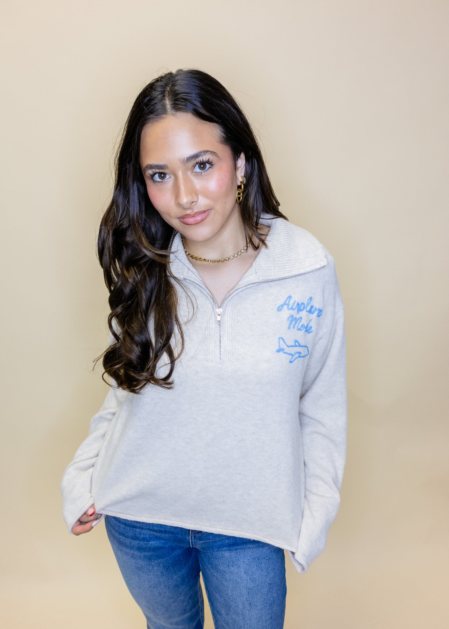 Oatmeal Airplane Mode Zip Sweater