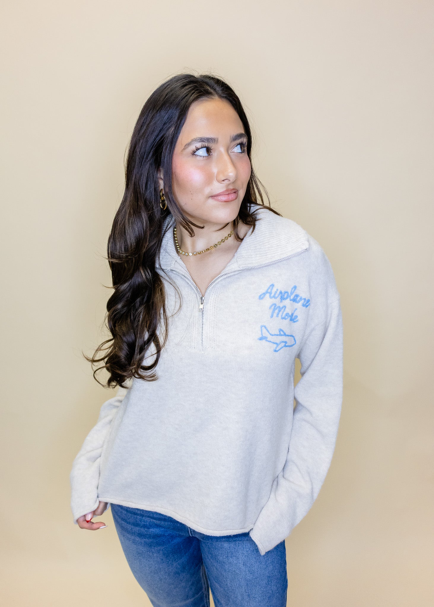 Oatmeal Airplane Mode Zip Sweater