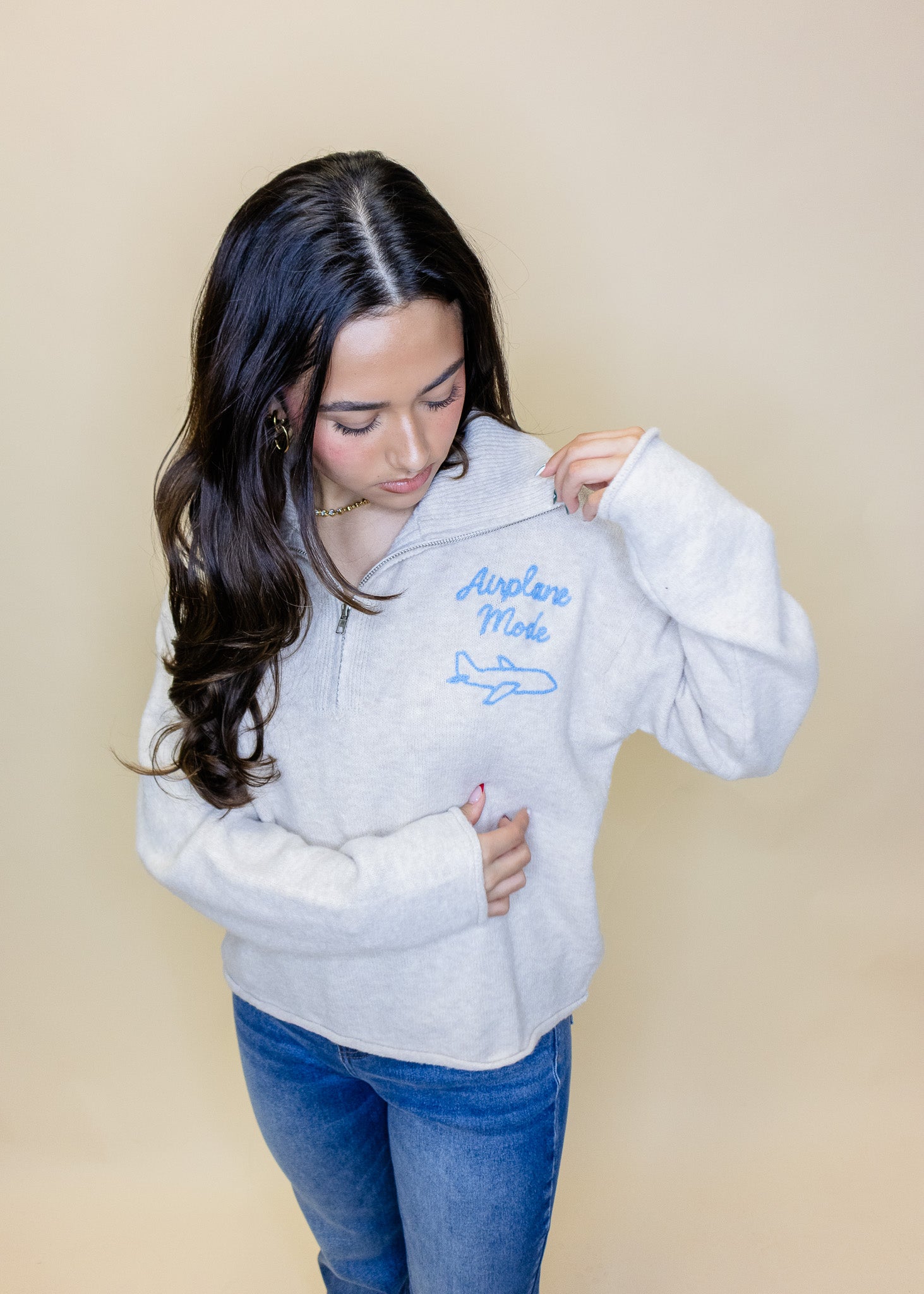 Oatmeal Airplane Mode Zip Sweater