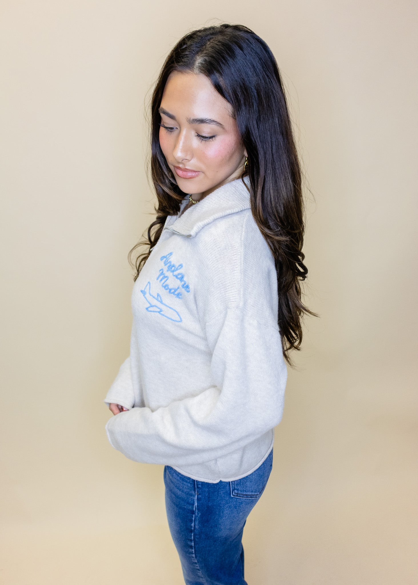 Oatmeal Airplane Mode Zip Sweater