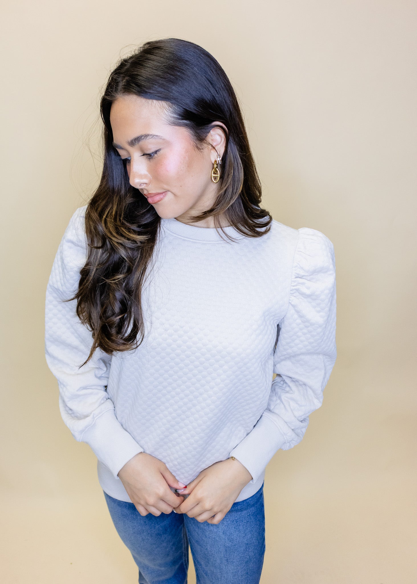 Beige Textured Puff Sleeve Top