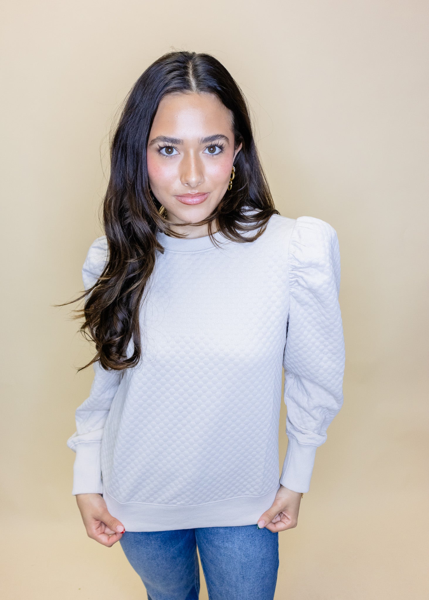 Beige Textured Puff Sleeve Top