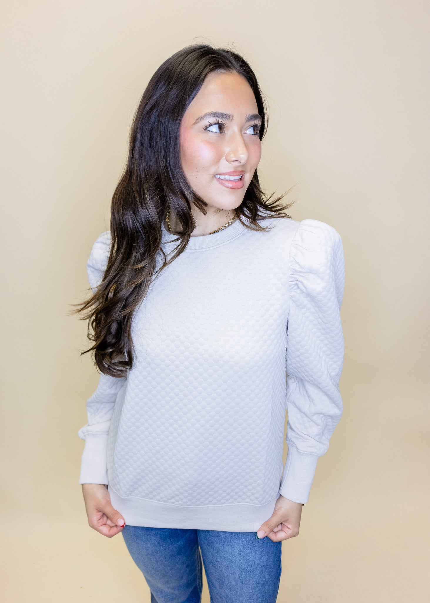 Beige Textured Puff Sleeve Top