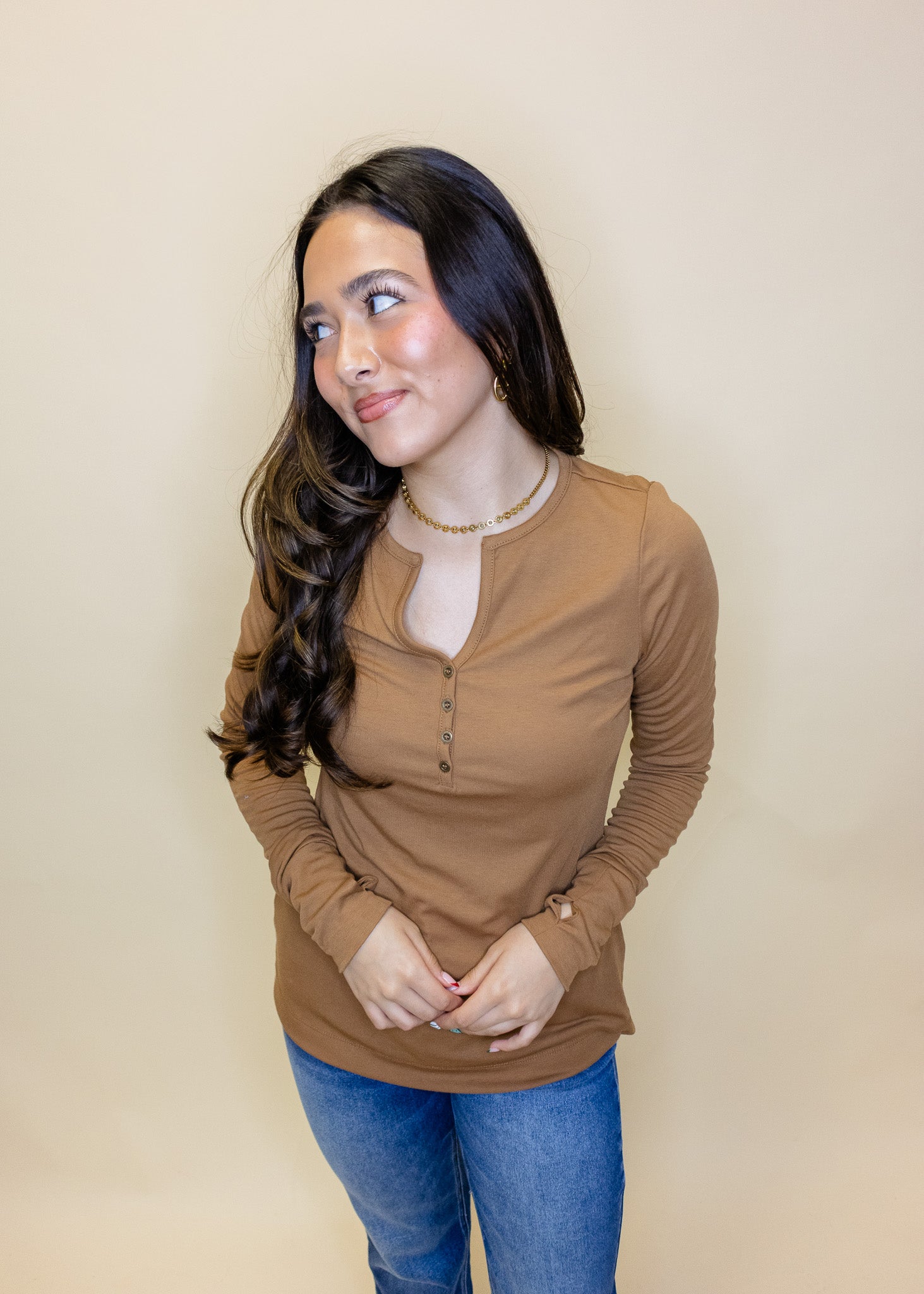 Caramel Henley Long Sleeve Top