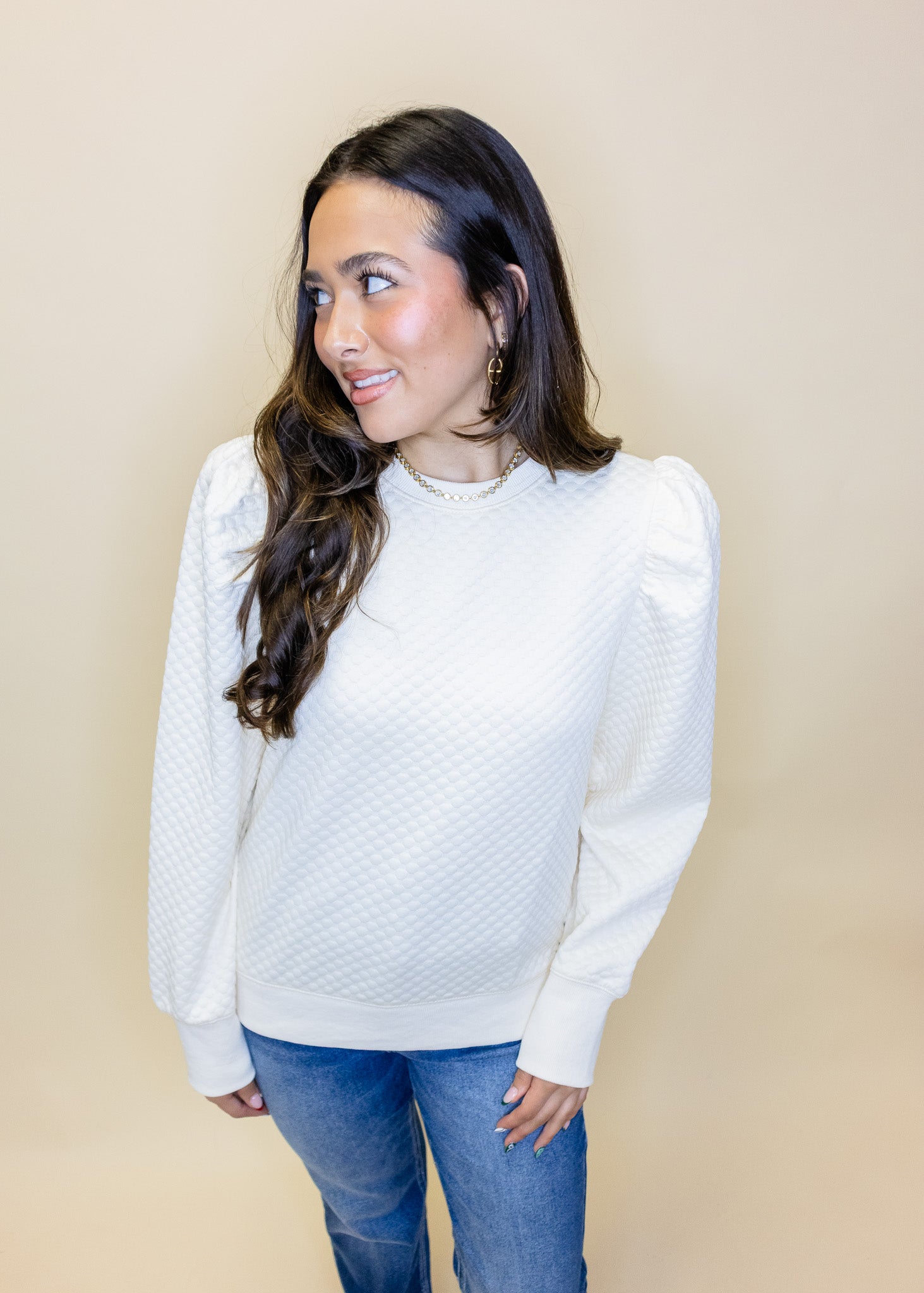 Ivory Textured Puff Sleeve Top