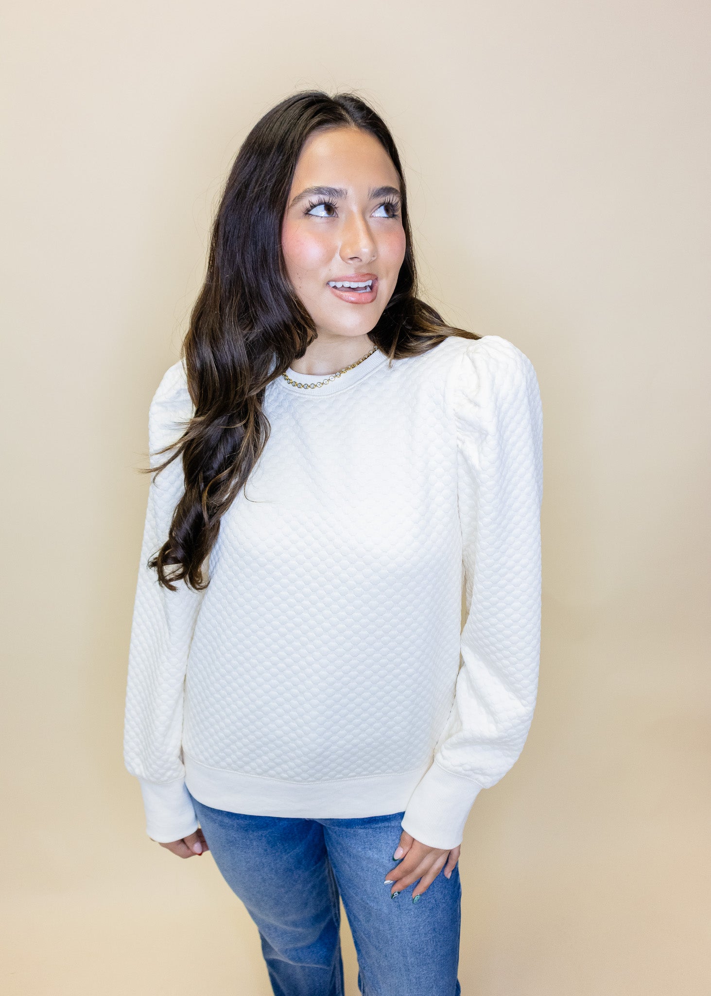 Ivory Textured Puff Sleeve Top