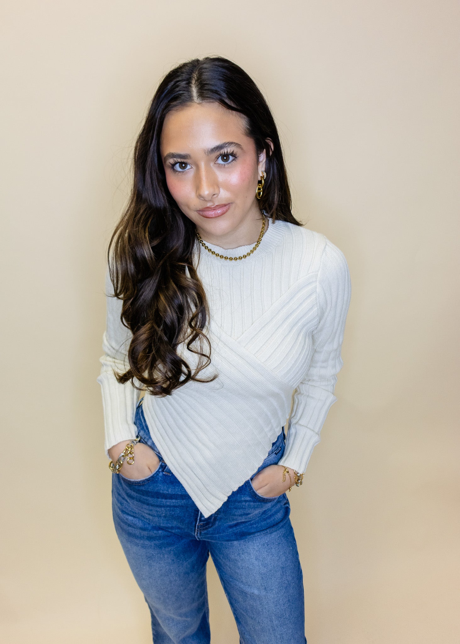 Cream Asymmetrical Hem Sweater