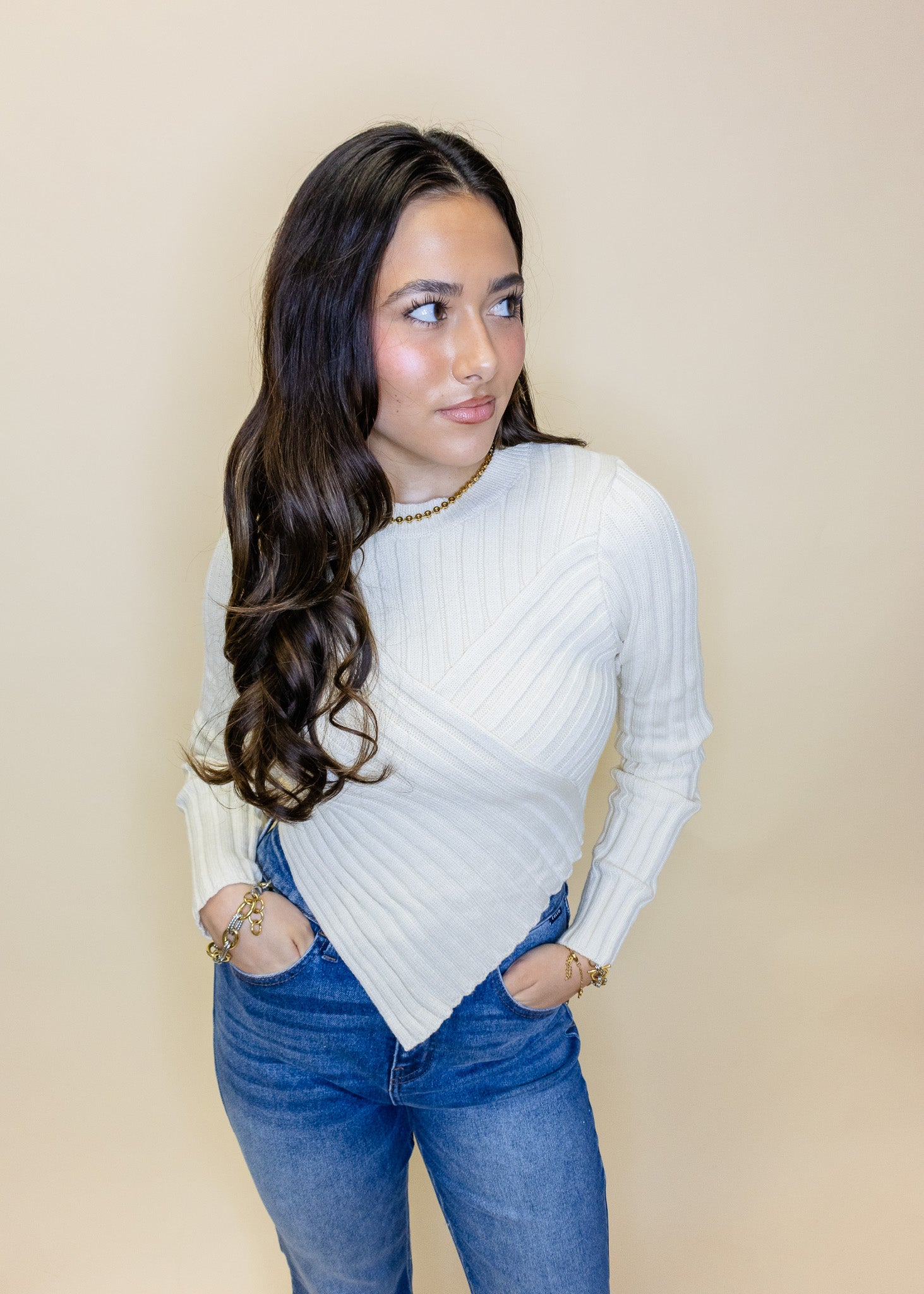 Cream Asymmetrical Hem Sweater