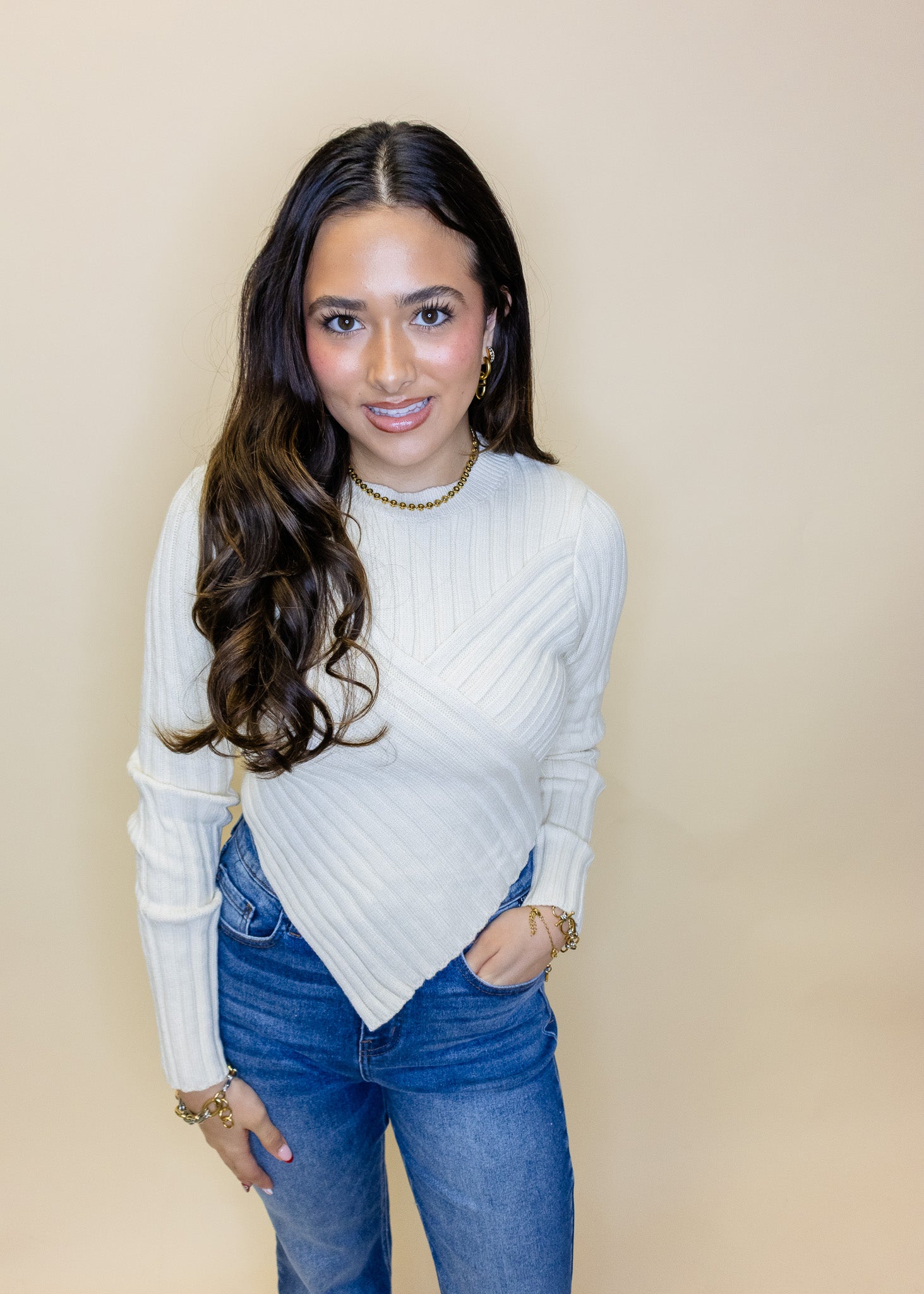 Cream Asymmetrical Hem Sweater