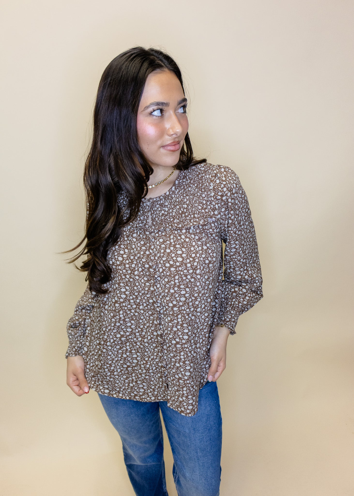 Mocha Floral Button Up Top