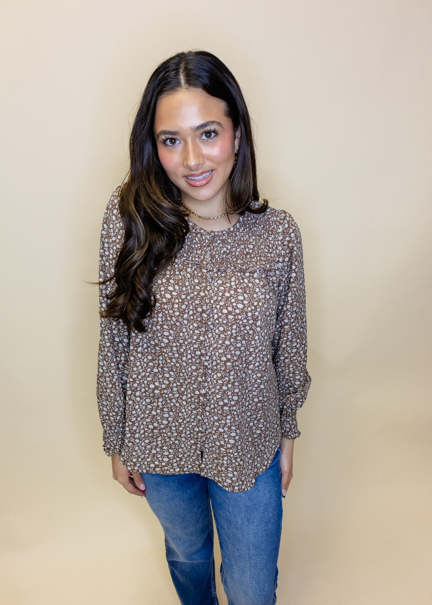 Mocha Floral Button Up Top
