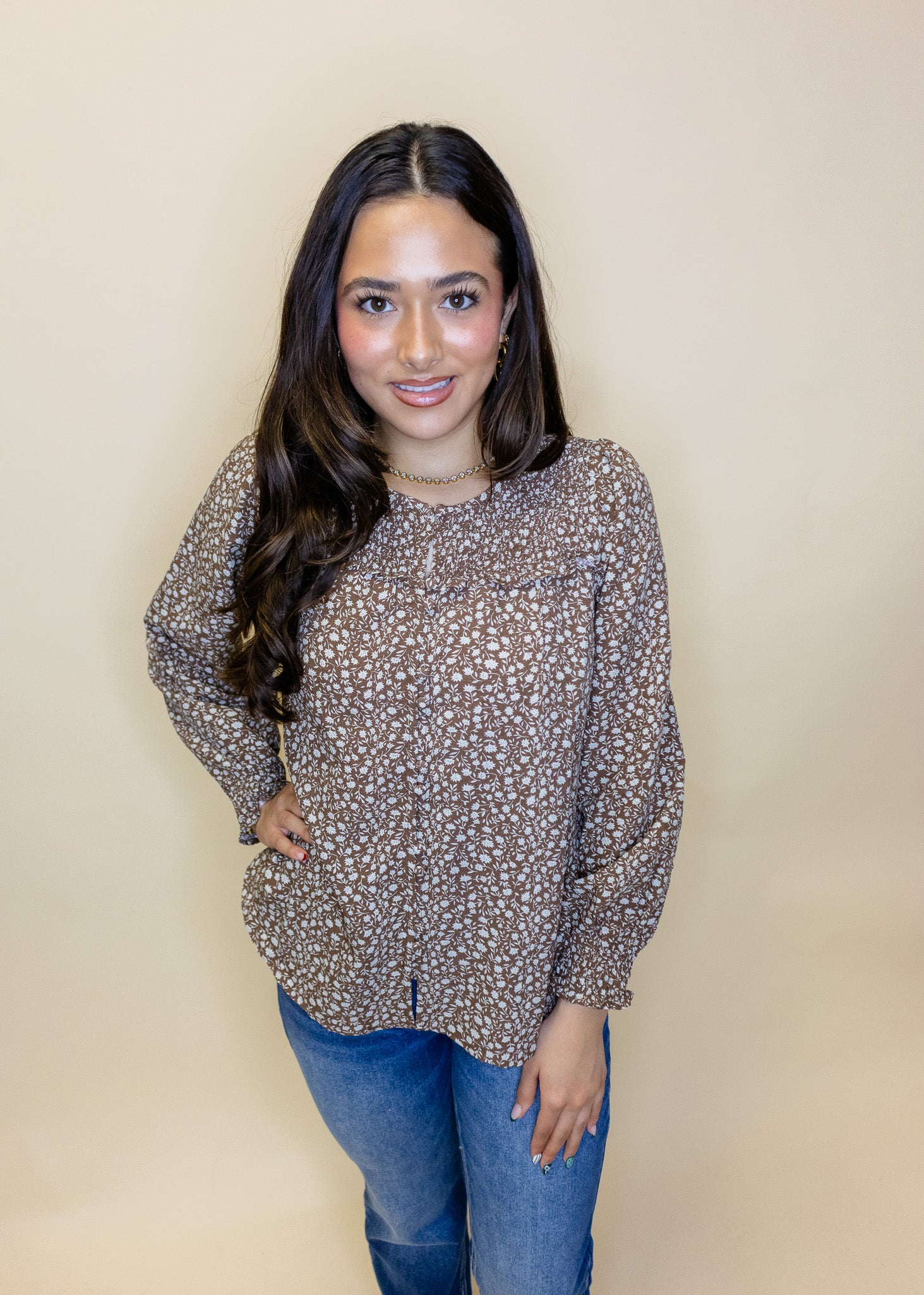 Mocha Floral Button Up Top
