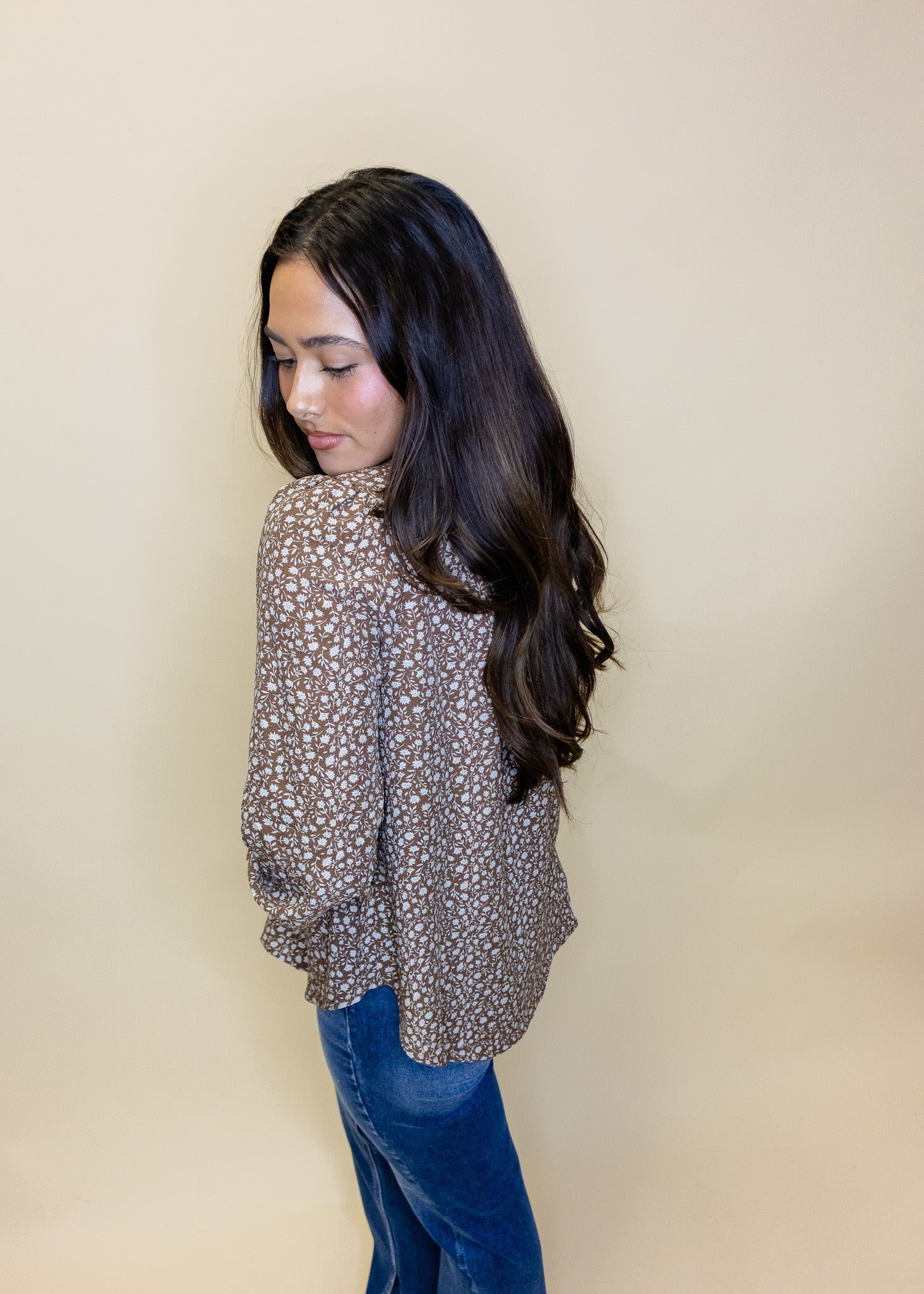Mocha Floral Button Up Top