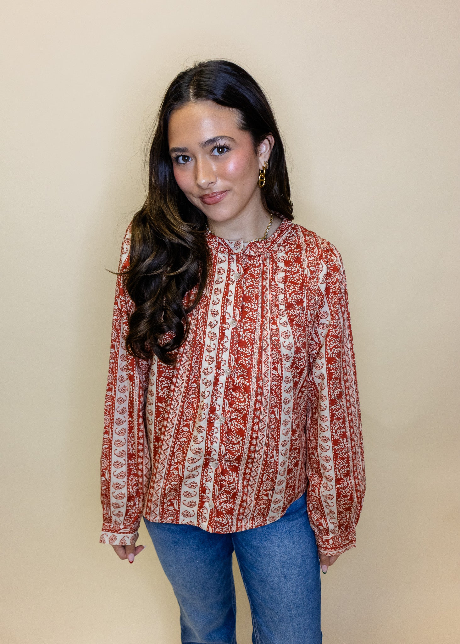 Rust Paisley Button Down Top