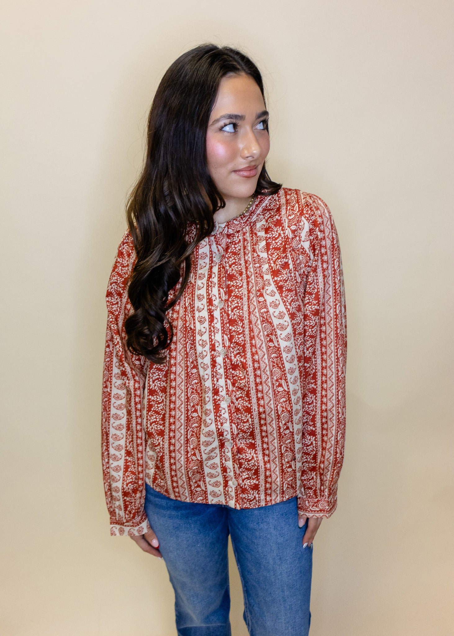 Rust Paisley Button Down Top
