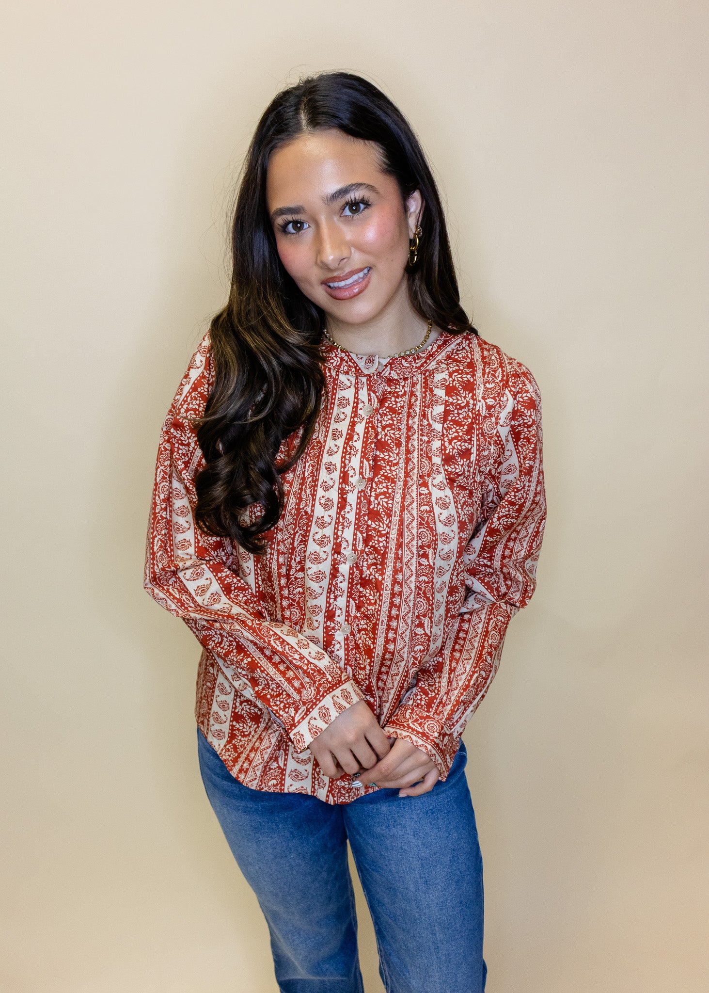 Rust Paisley Button Down Top