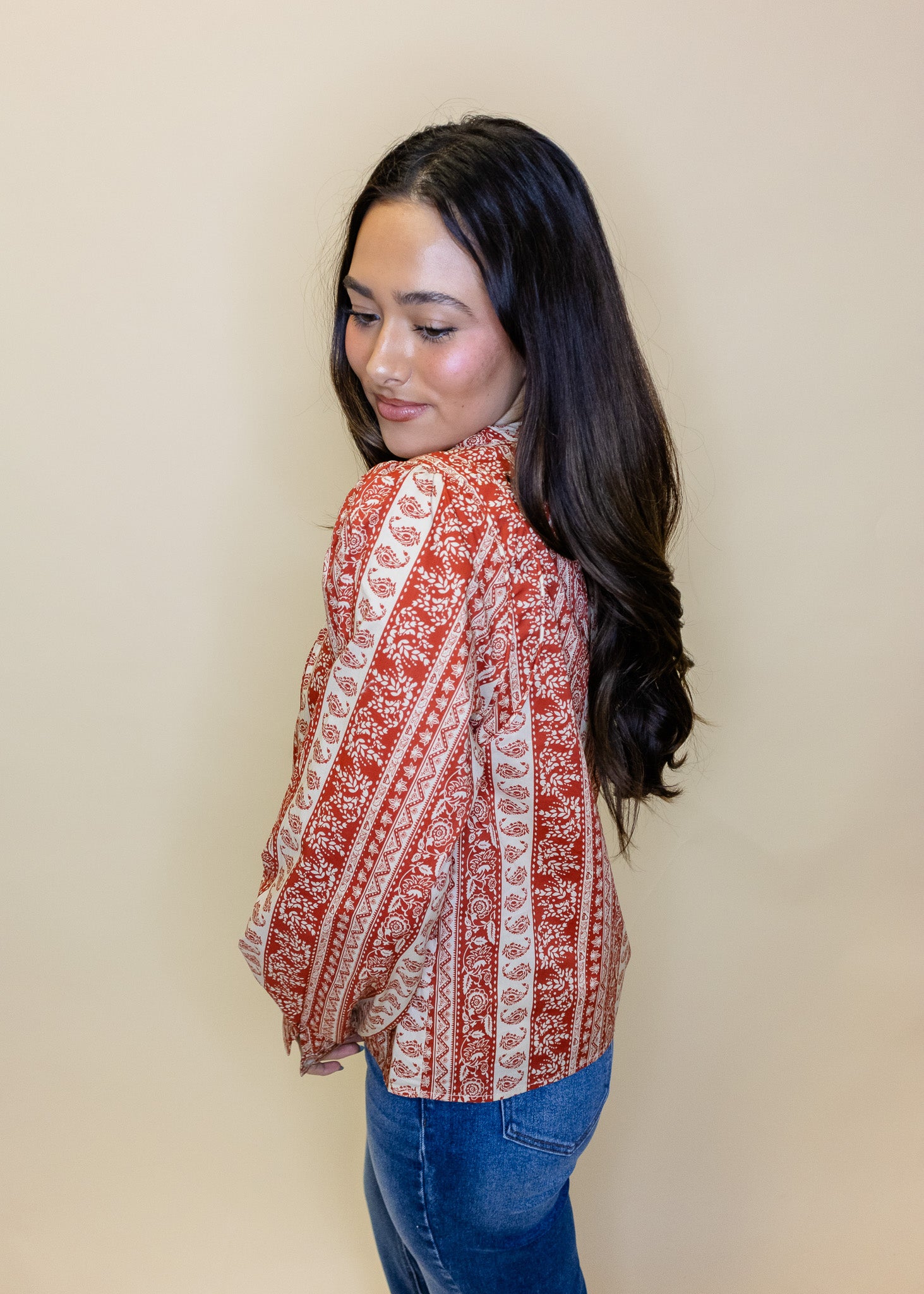 Rust Paisley Button Down Top