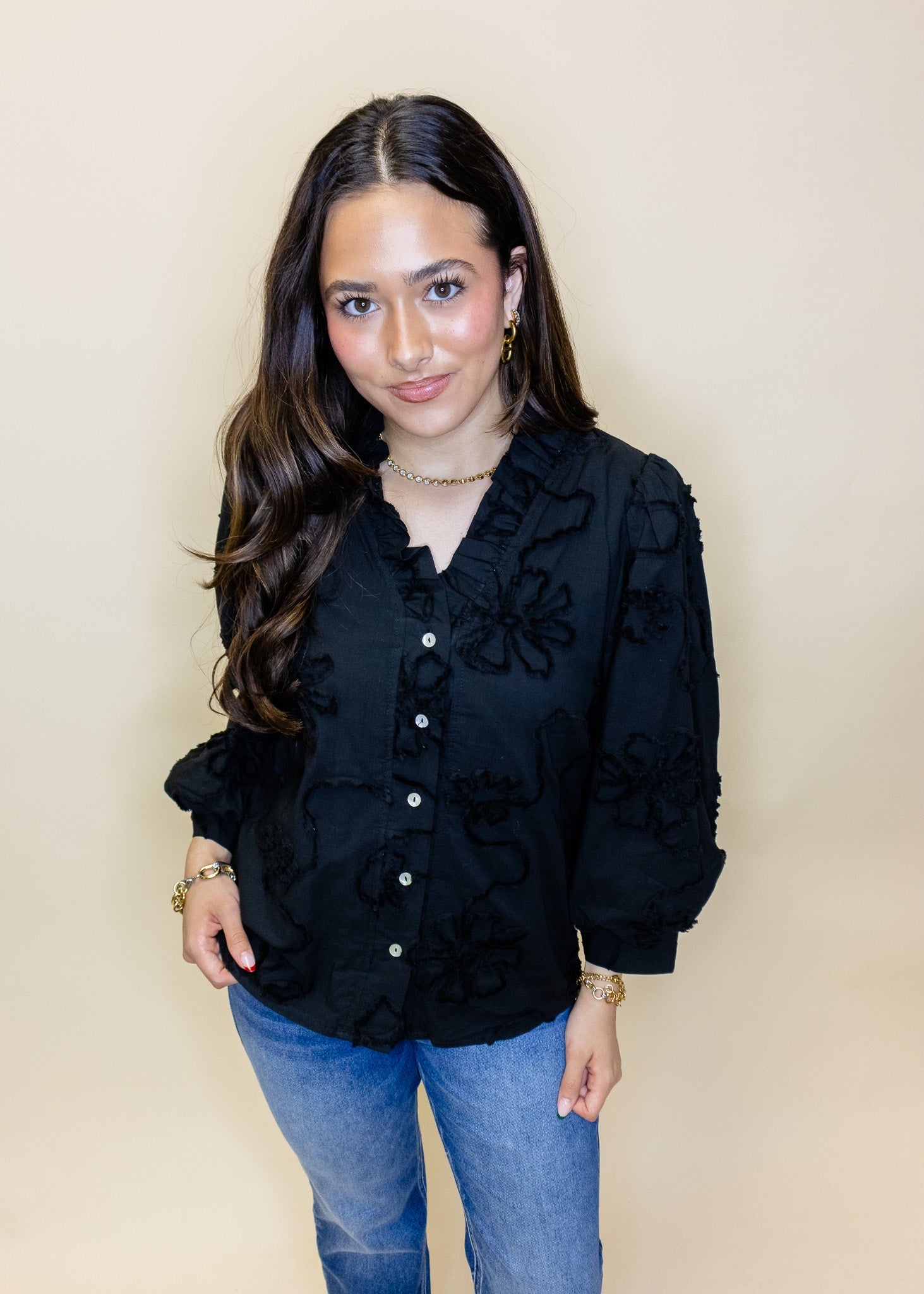 Black Embroidered Floral Top