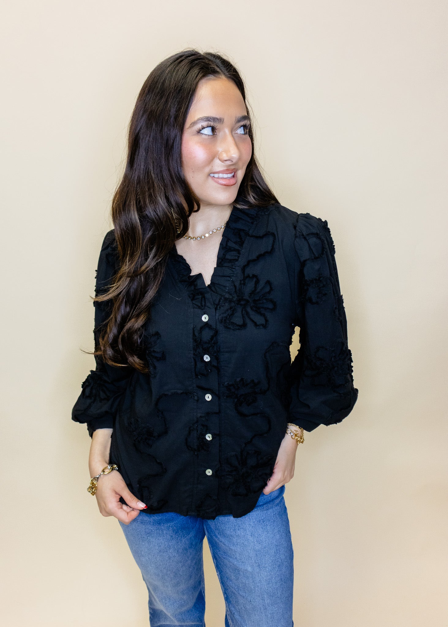 Black Embroidered Floral Top