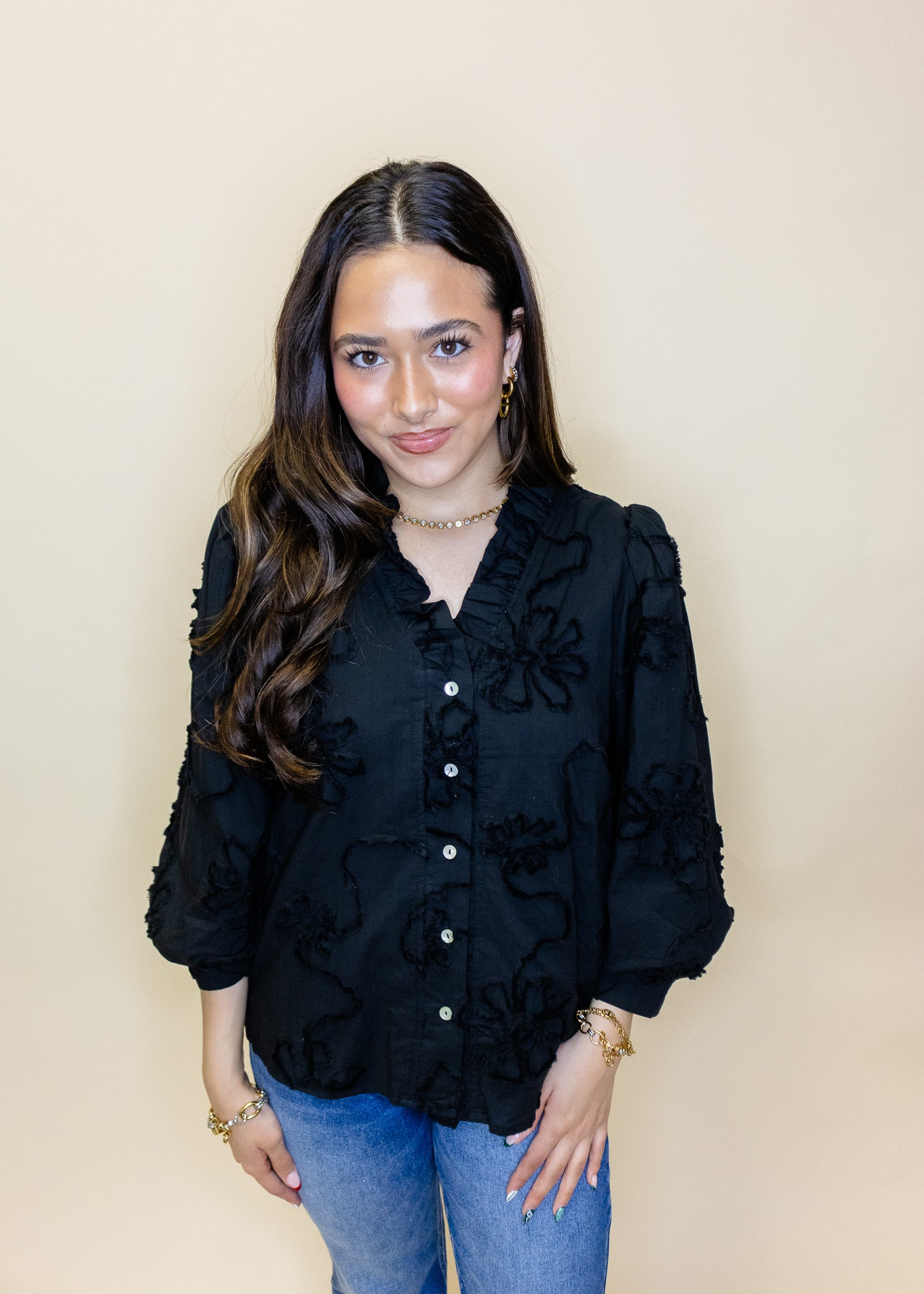 Black Embroidered Floral Top