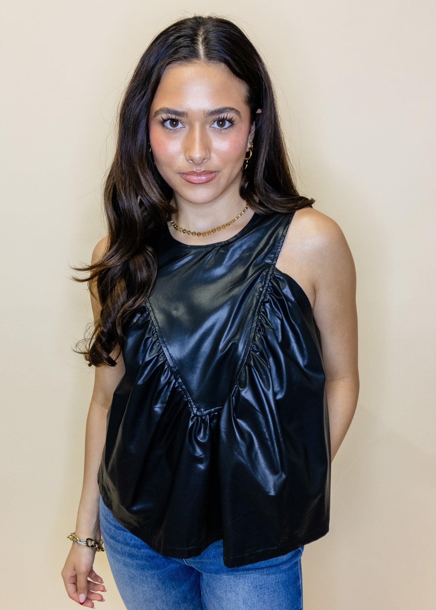 Black Leather Ruched Top