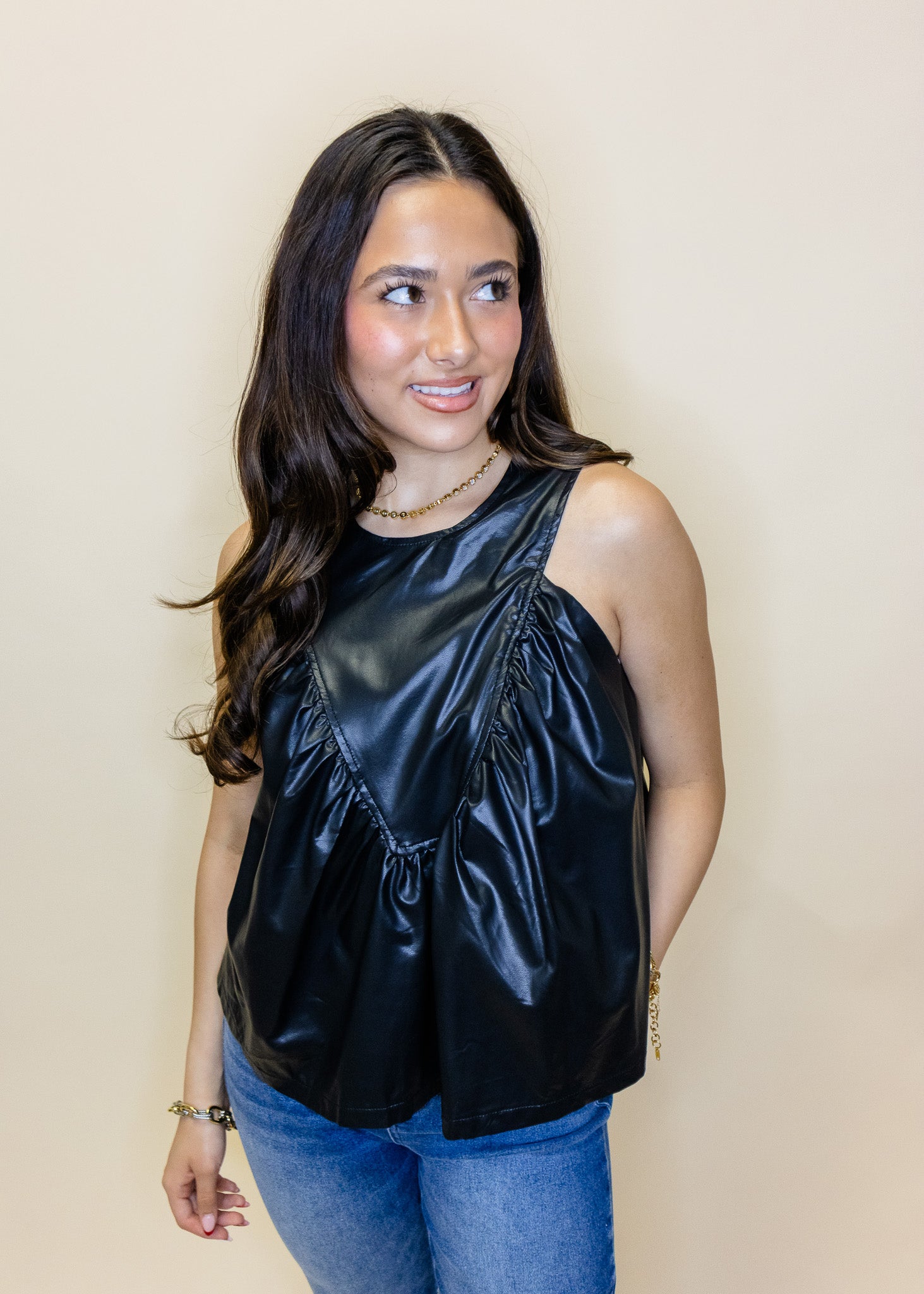 Black Leather Ruched Top