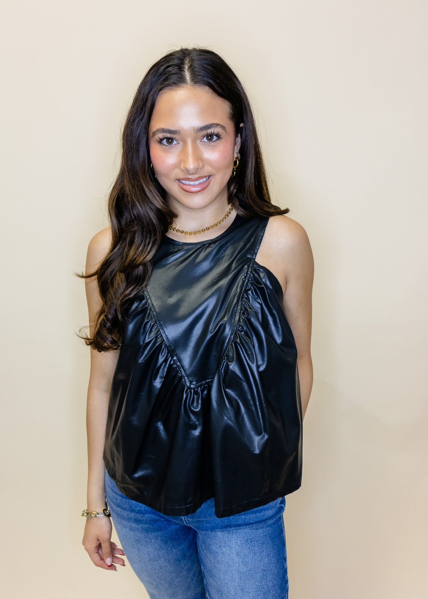 Black Leather Ruched Top