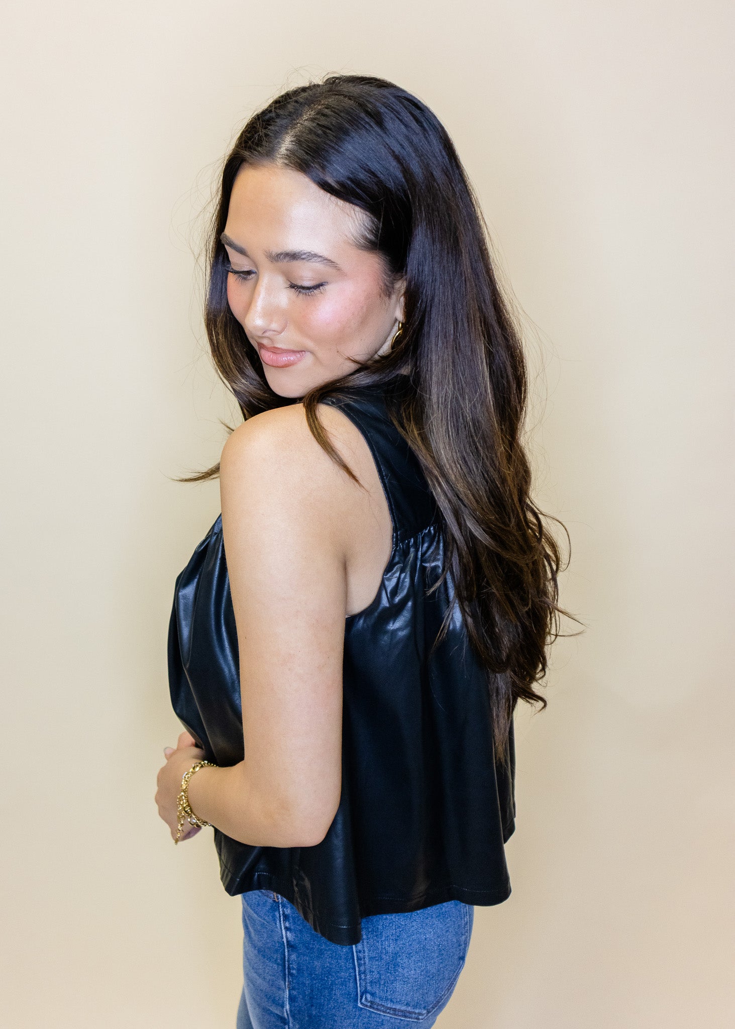 Black Leather Ruched Top