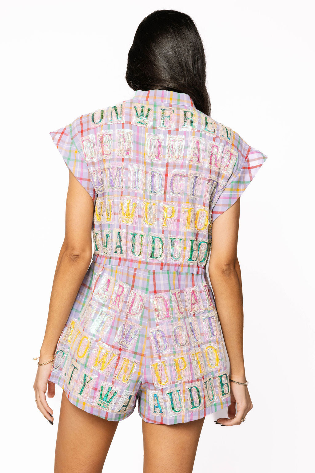 Lavender Plaid Street Tile Zip Up Romper