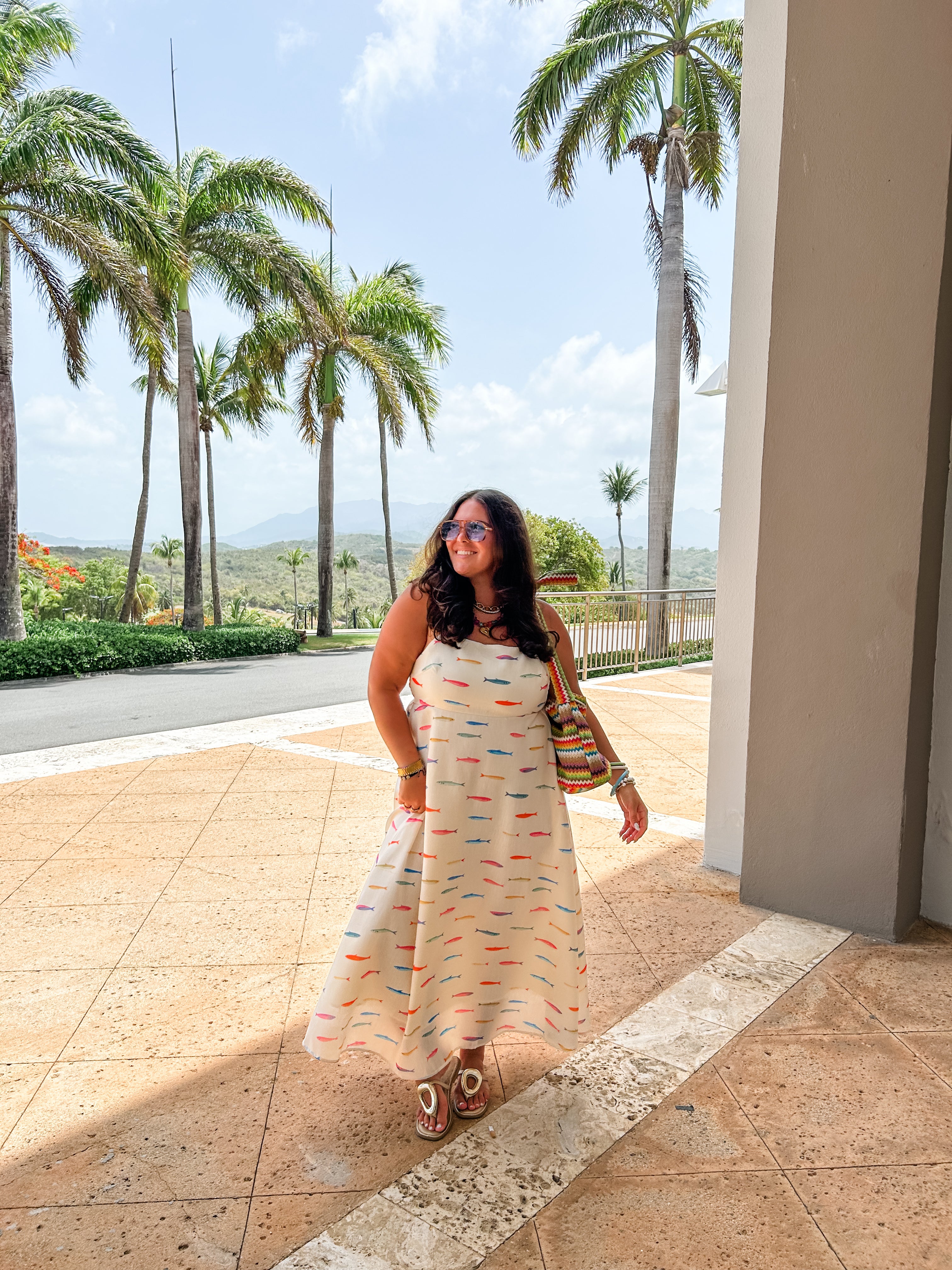 Cream Fish Print Midi Dress