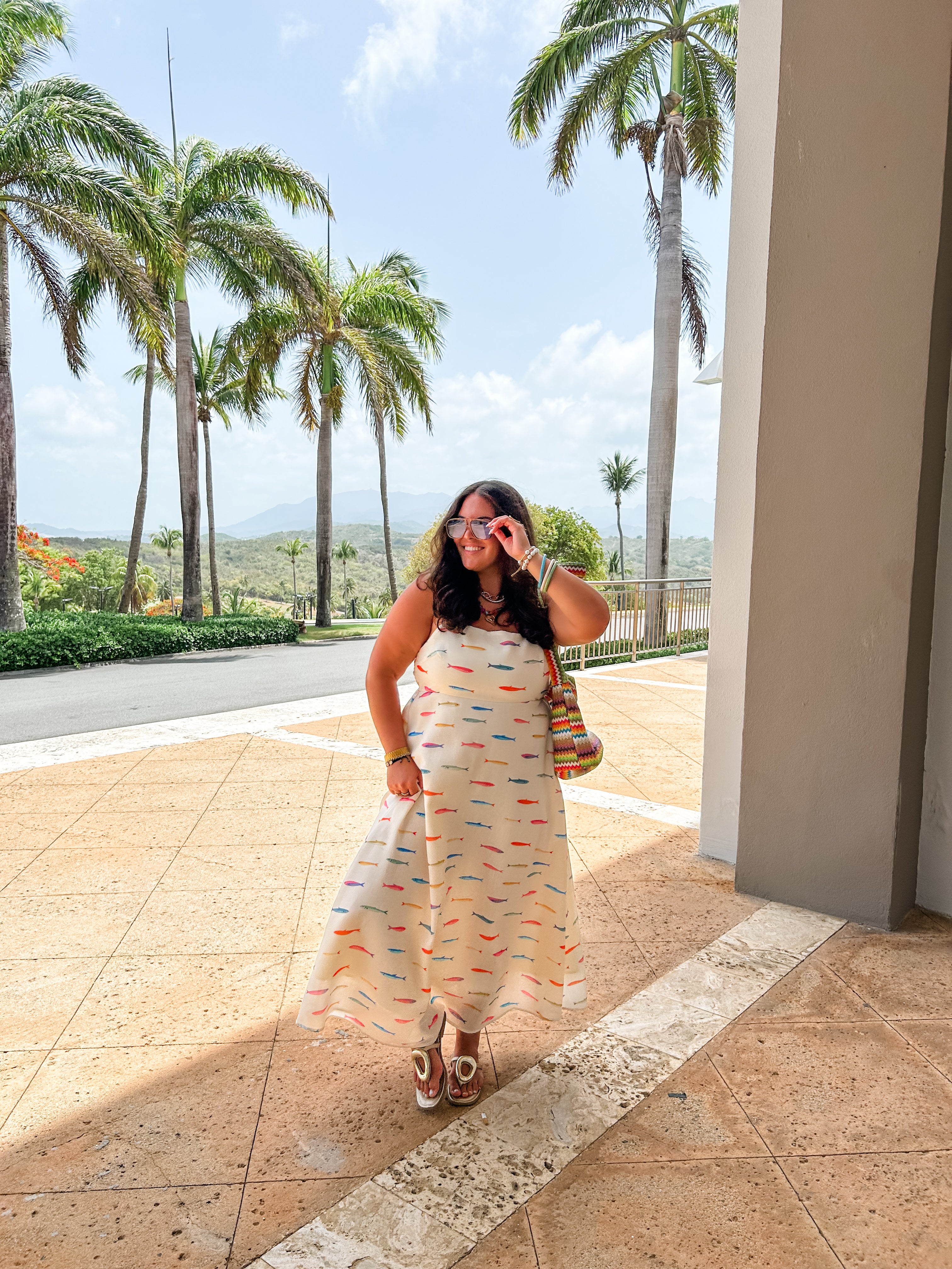 Cream Fish Print Midi Dress
