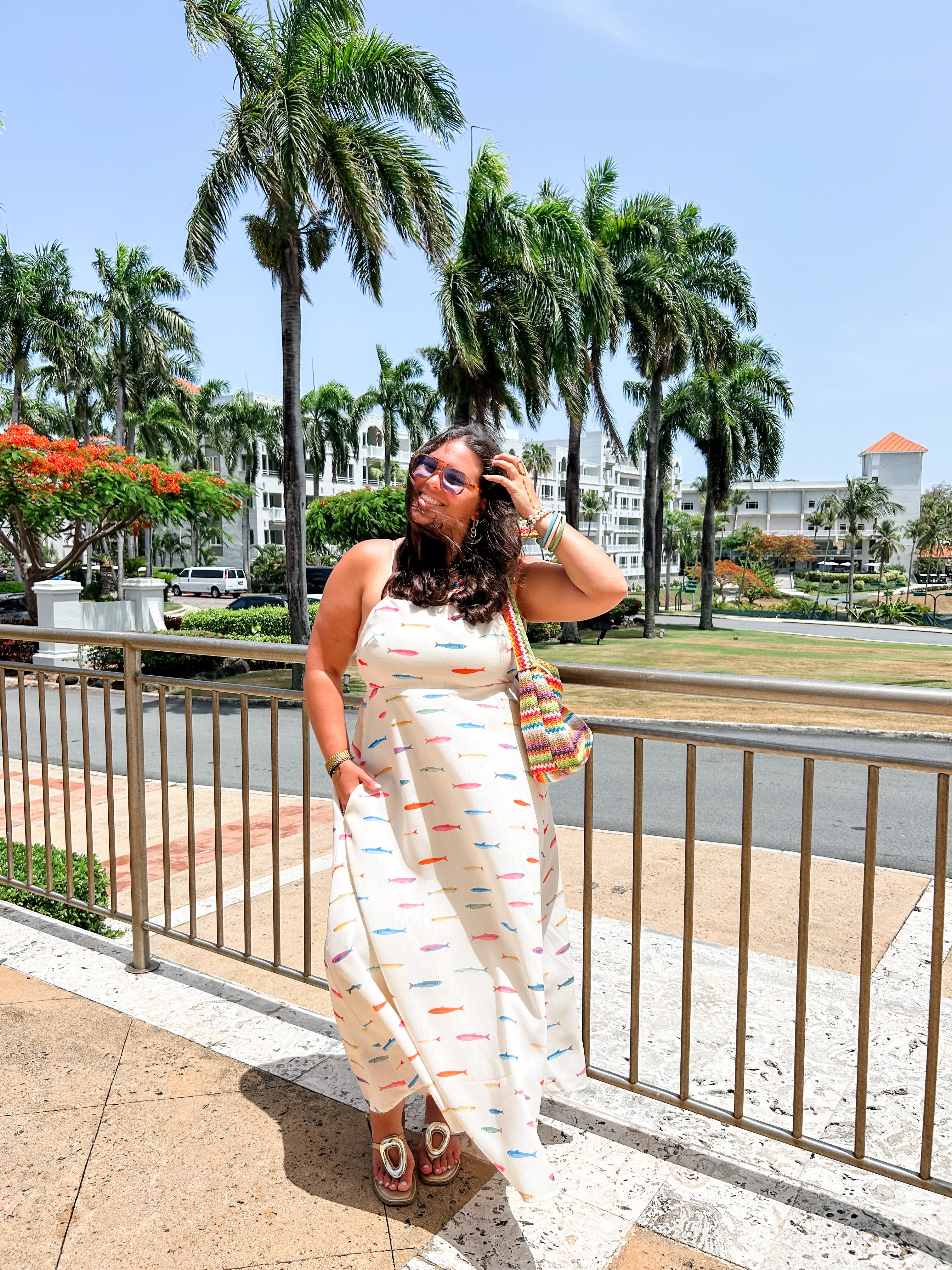 Cream Fish Print Midi Dress