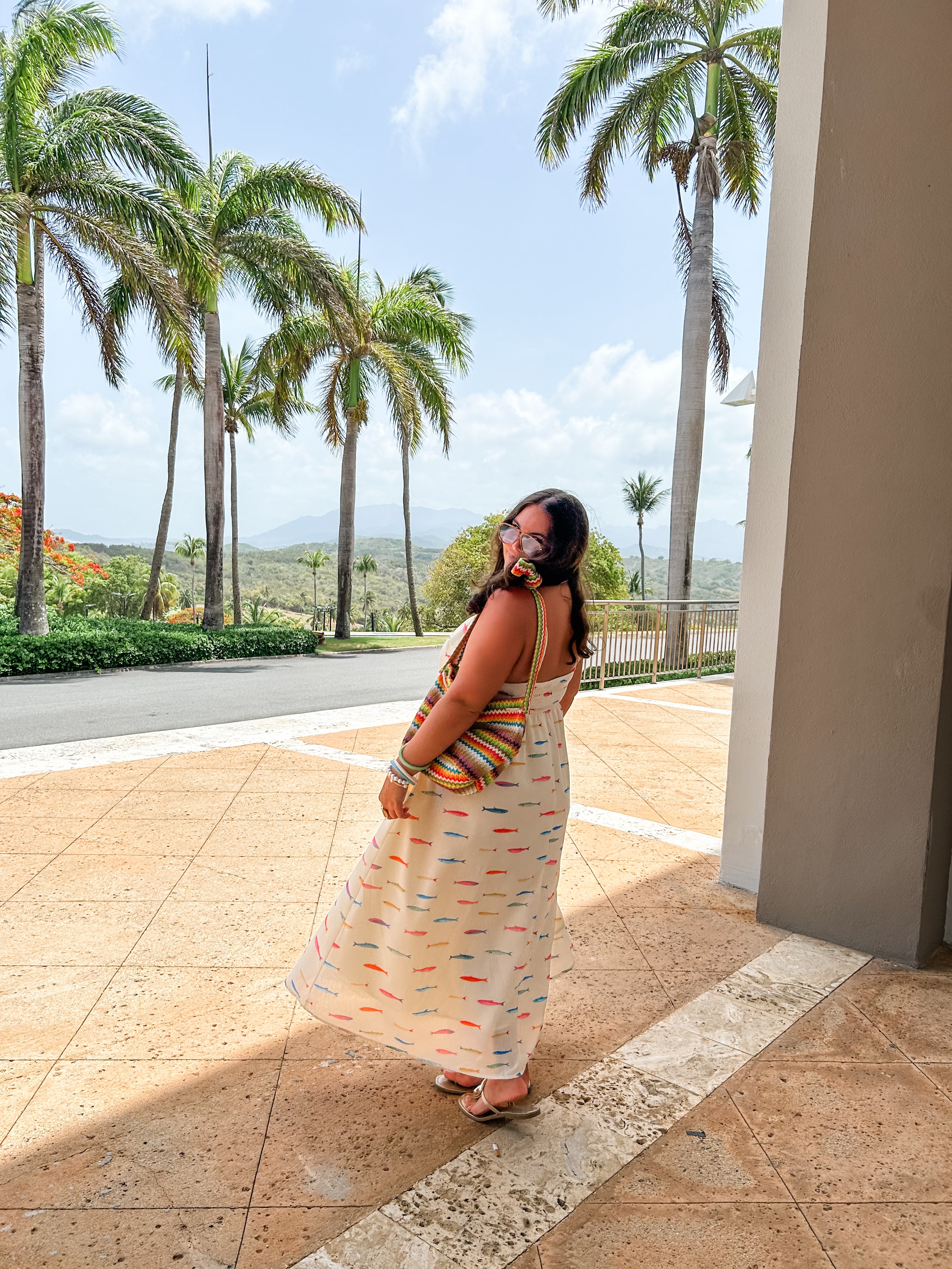 Cream Fish Print Midi Dress