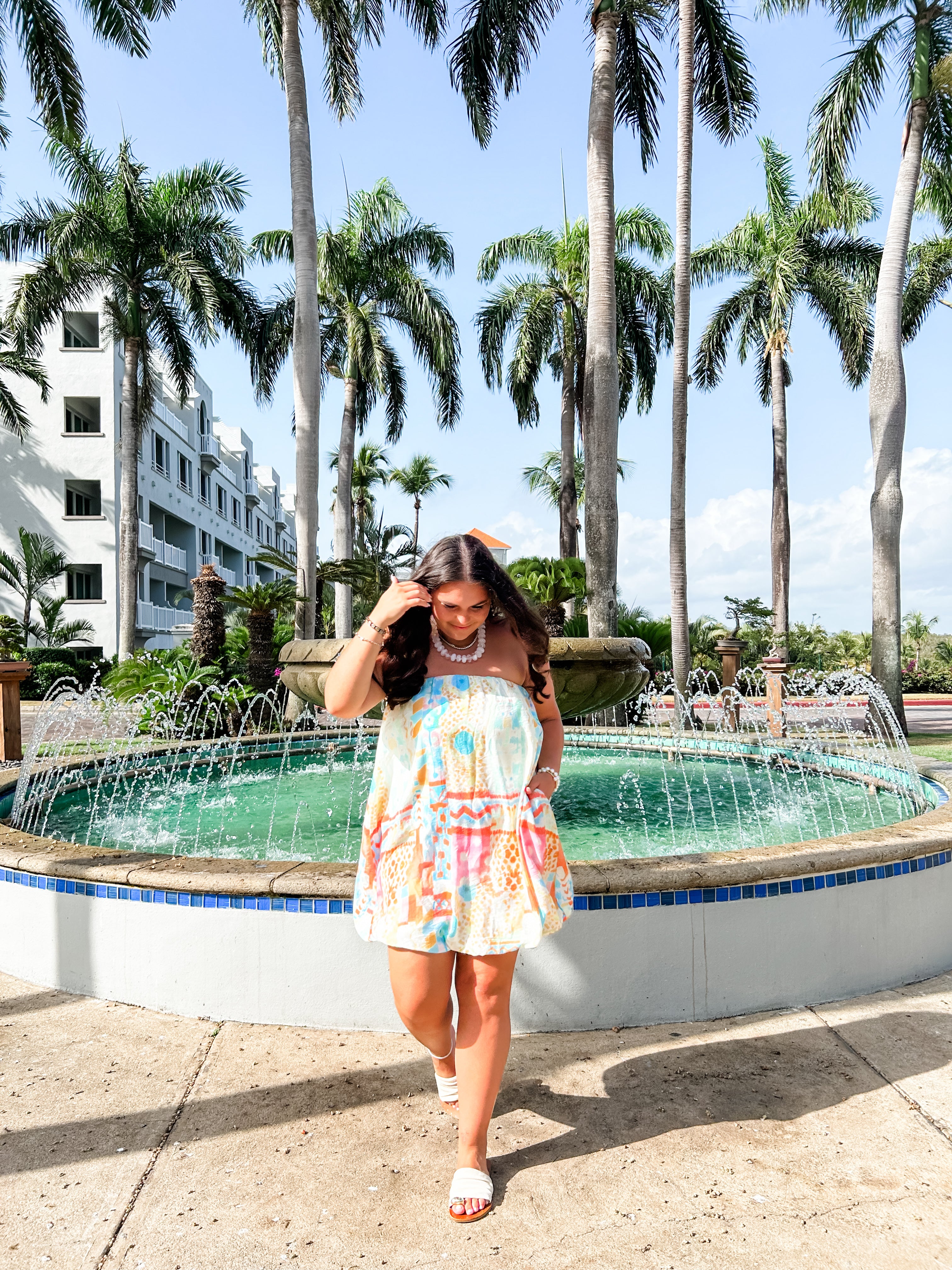 Watercolor Bubble Hem Strapless Dress