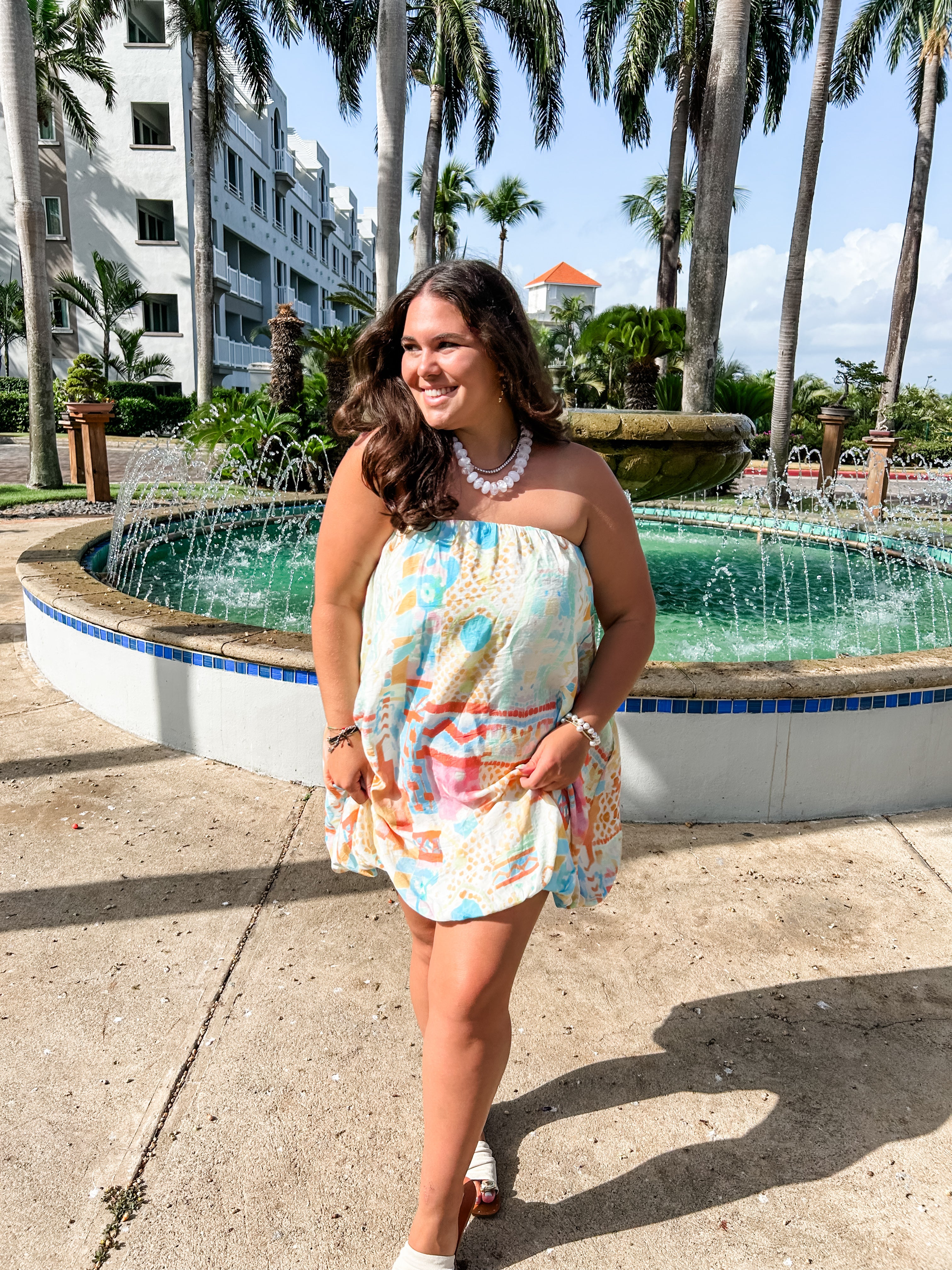 Watercolor Bubble Hem Strapless Dress